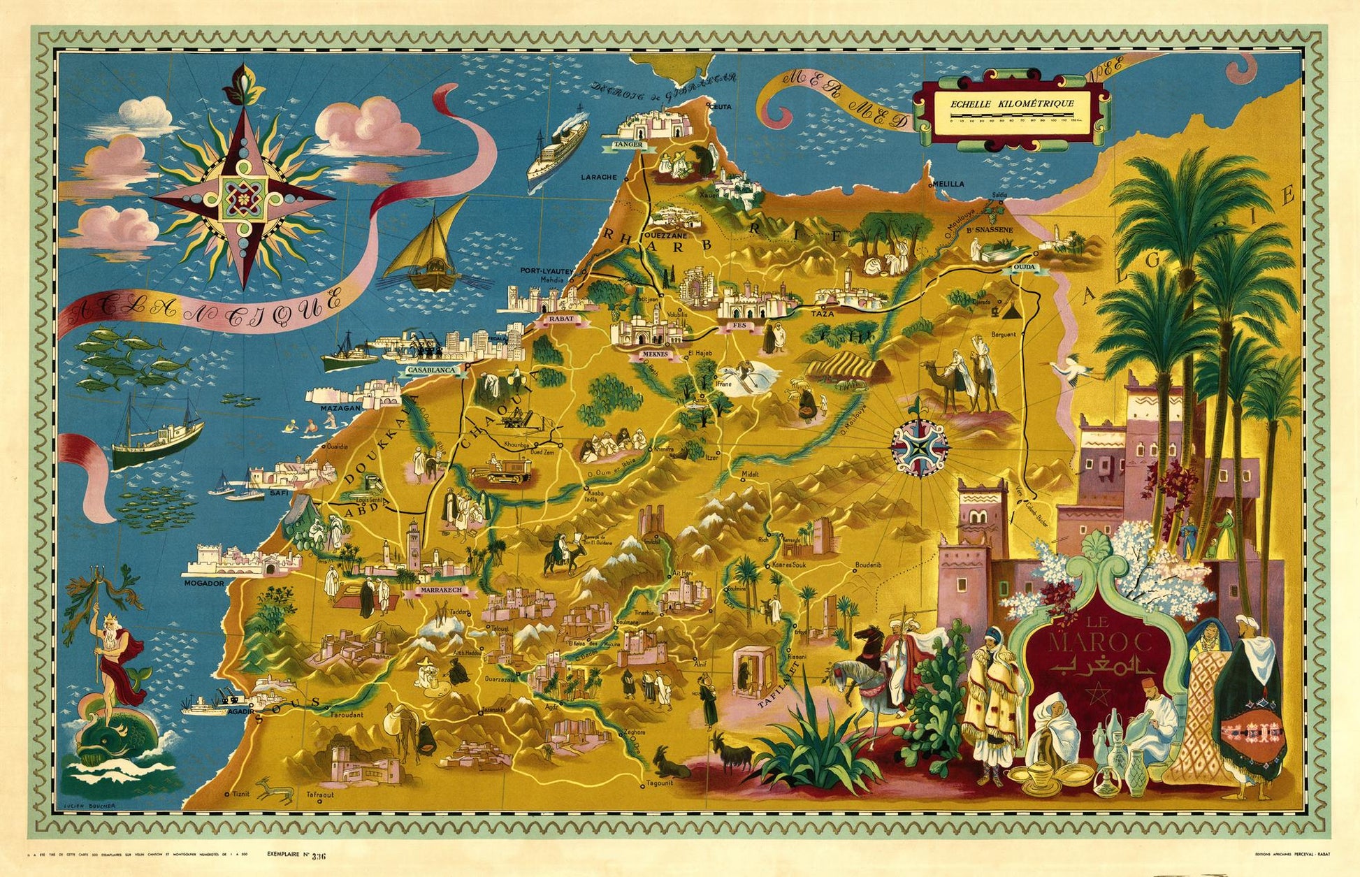 Decorative map with illustrations of buildings, people, and landscapes on a blue background