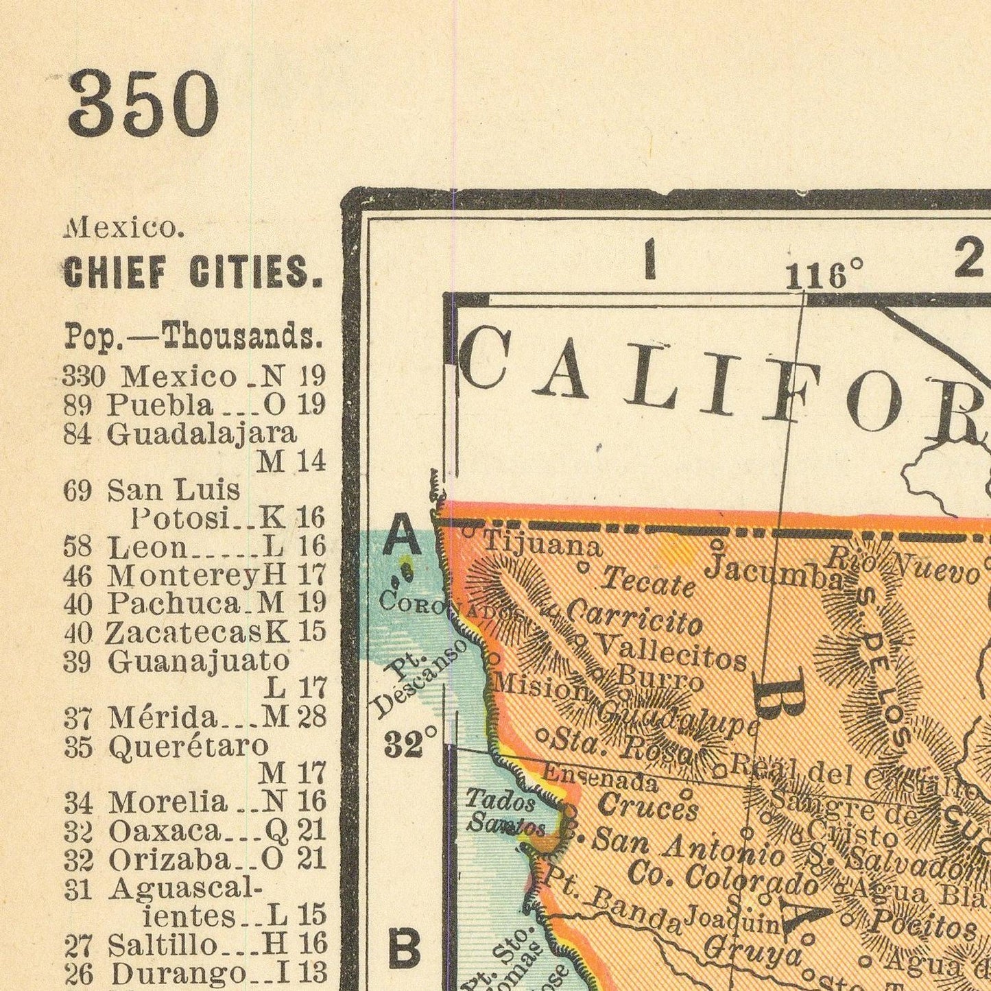 Vintage map of California with text detailing cities and population numbers.