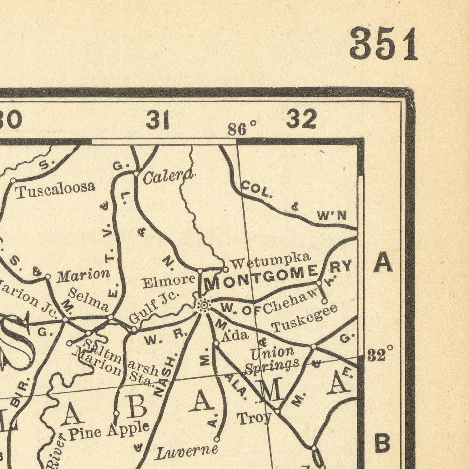 Vintage map of Montgomery, Alabama with coordinates and labels.