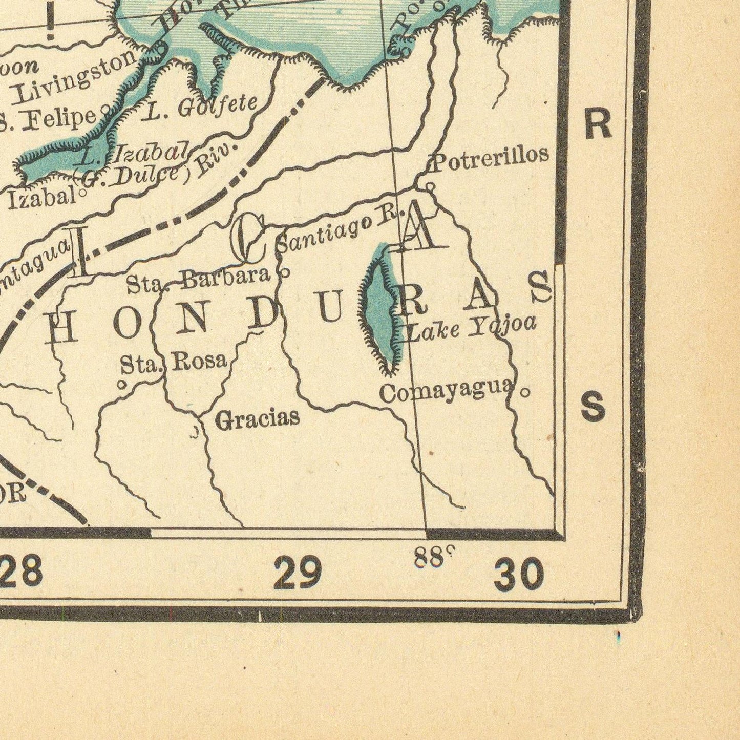 Vintage map of Honduras with labeled cities and geographical features.