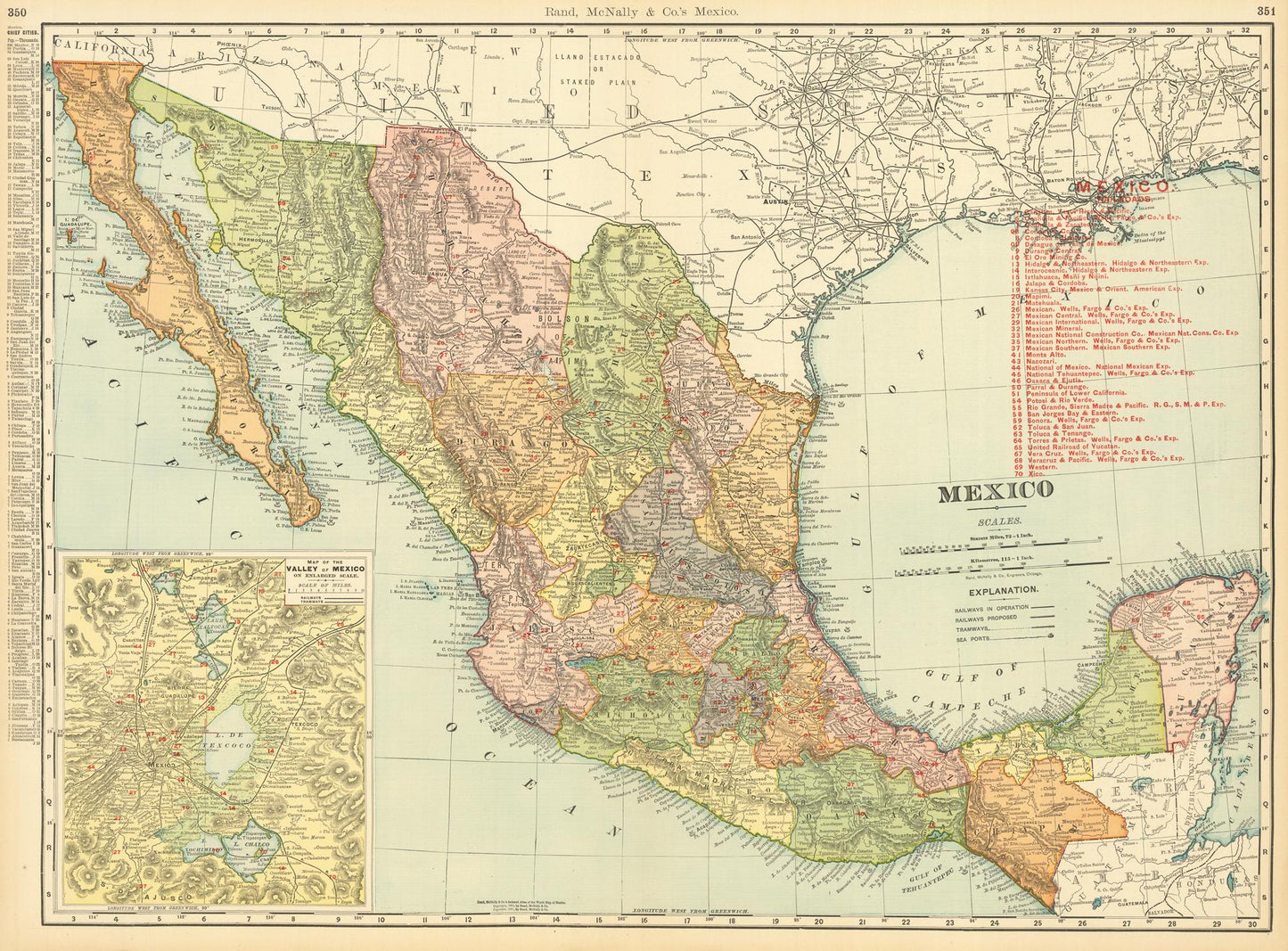 Vintage map of Mexico with color-coded regions
