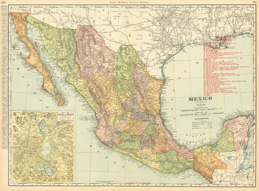 Vintage map of Mexico with color-coded regions