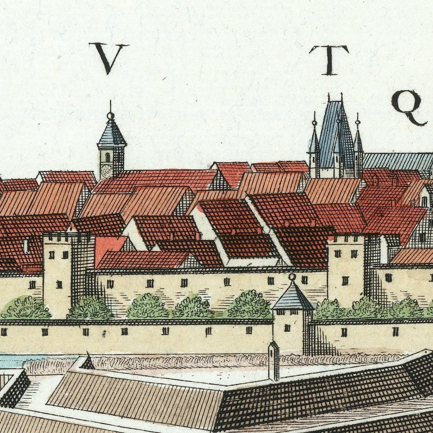 Vintage illustration of a town with red roofs and architectural details