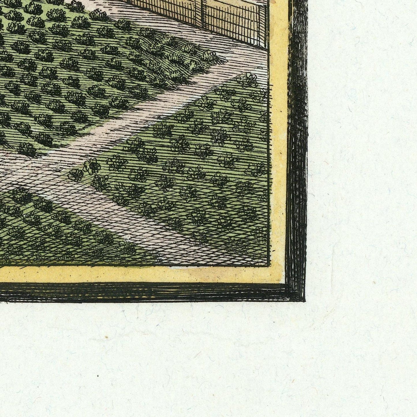 Close-up of a detailed illustration of a landscape with trees and a path on a textured white background.
