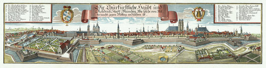 Panoramic view of a historical cityscape with architectural elements and text, likely from the 18th century.