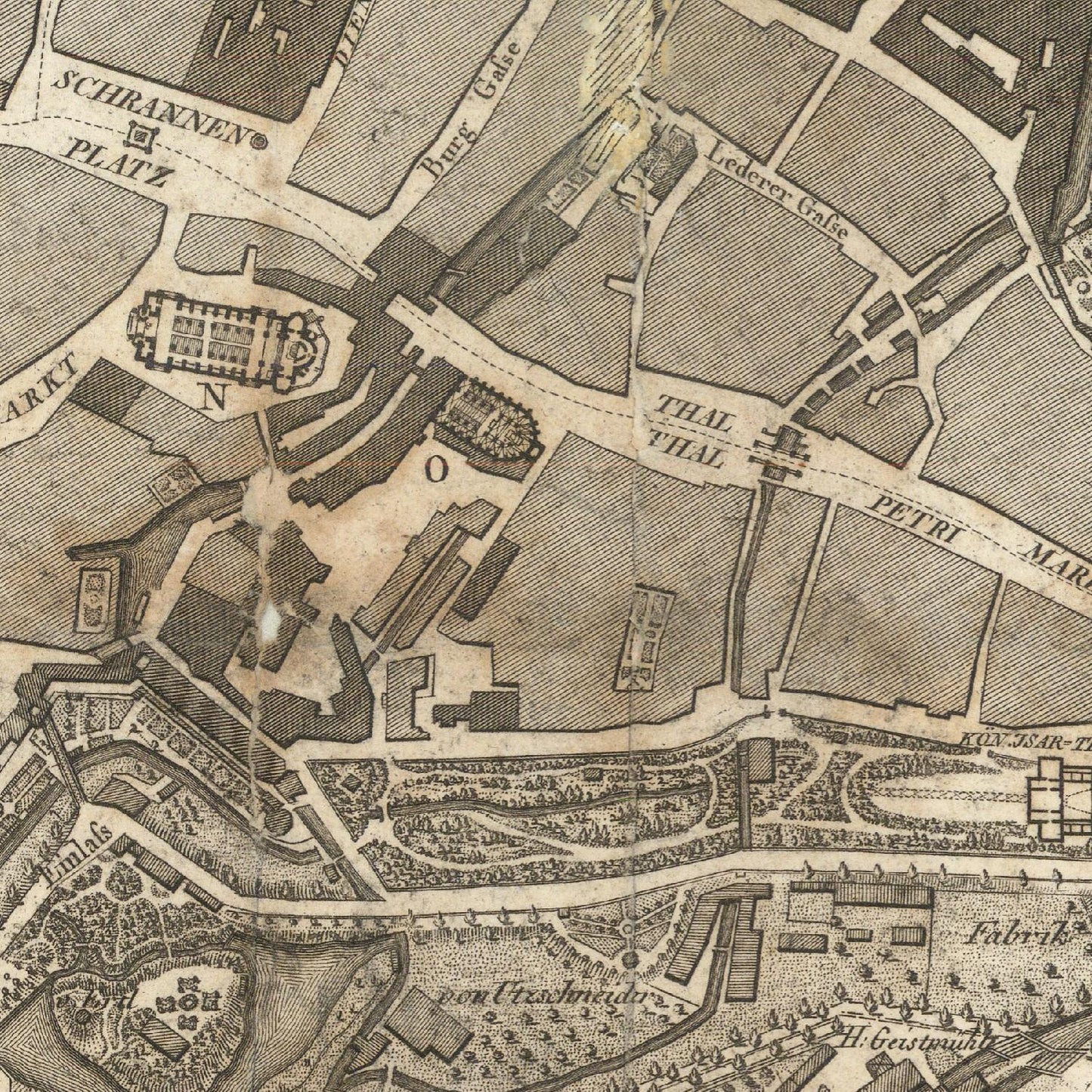 Vintage map of a city layout with streets and buildings