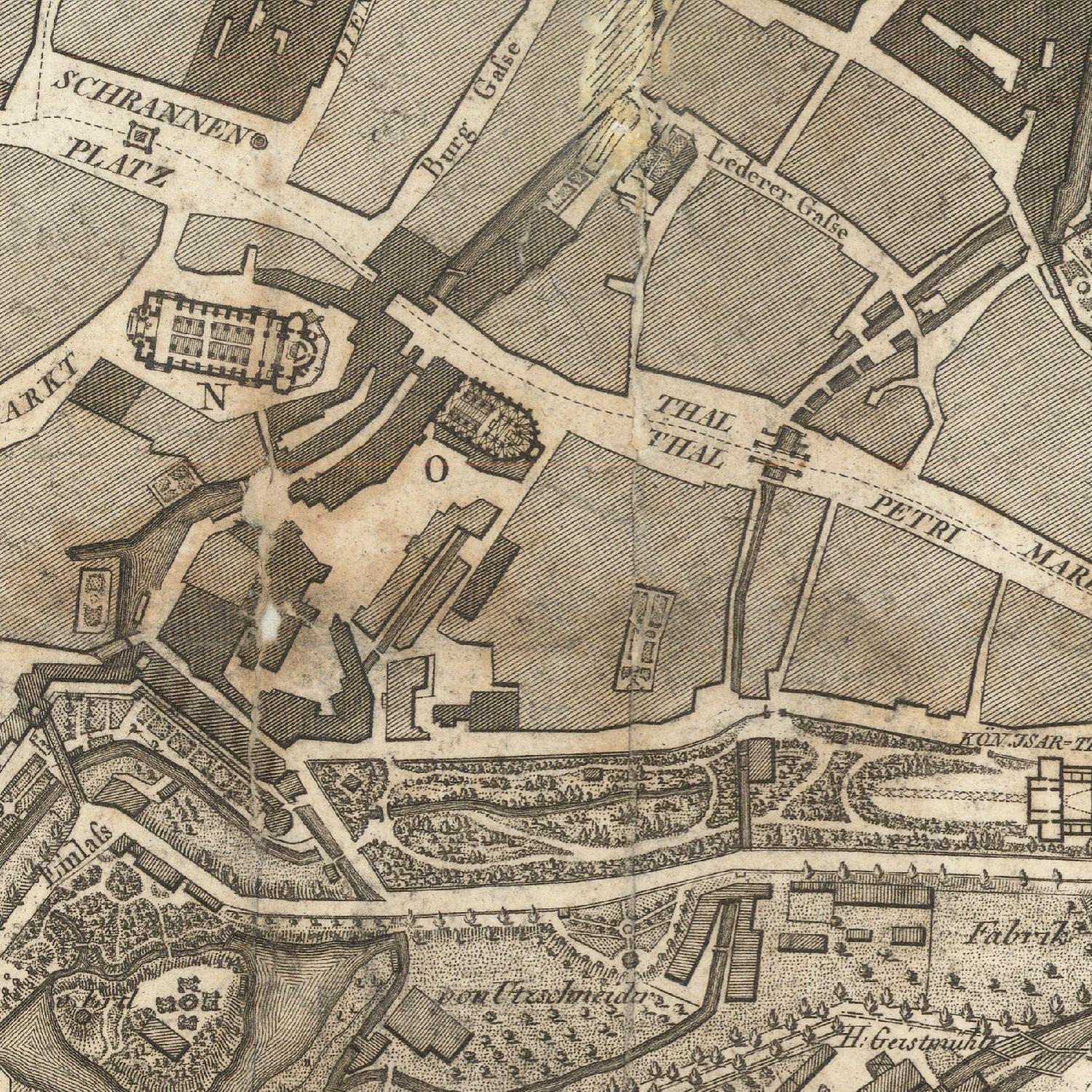 Vintage map of a city layout with streets and buildings