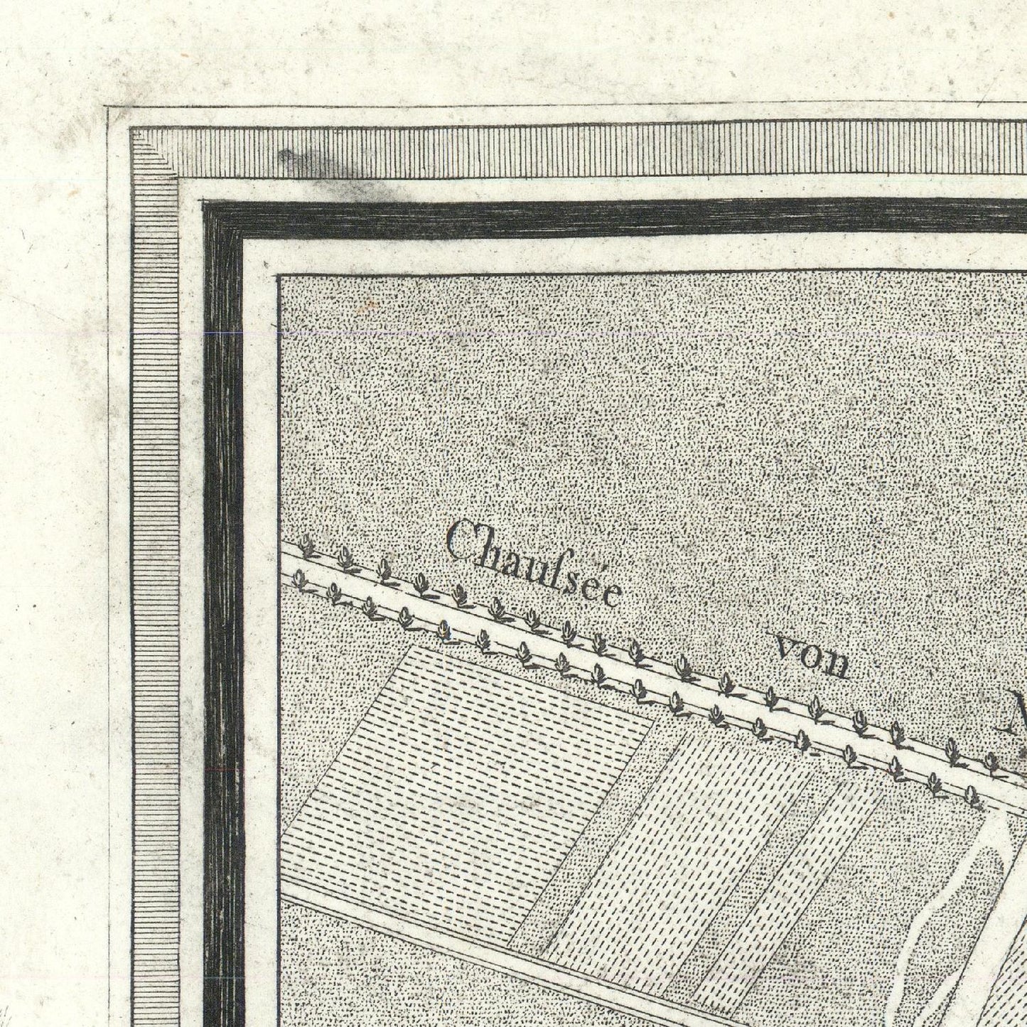 Vintage map detail with 'Chaussee' and 'von' text, framed with a decorative border.