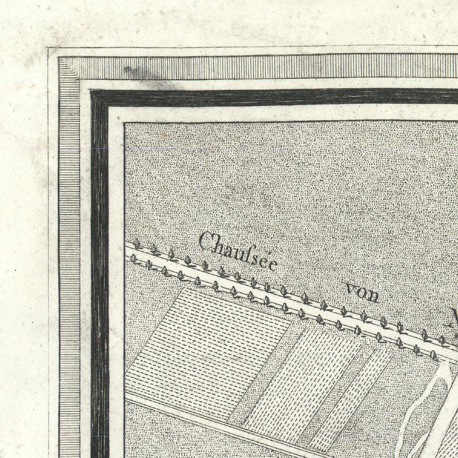Vintage map detail with 'Chaussee' and 'von' text, framed with a decorative border.