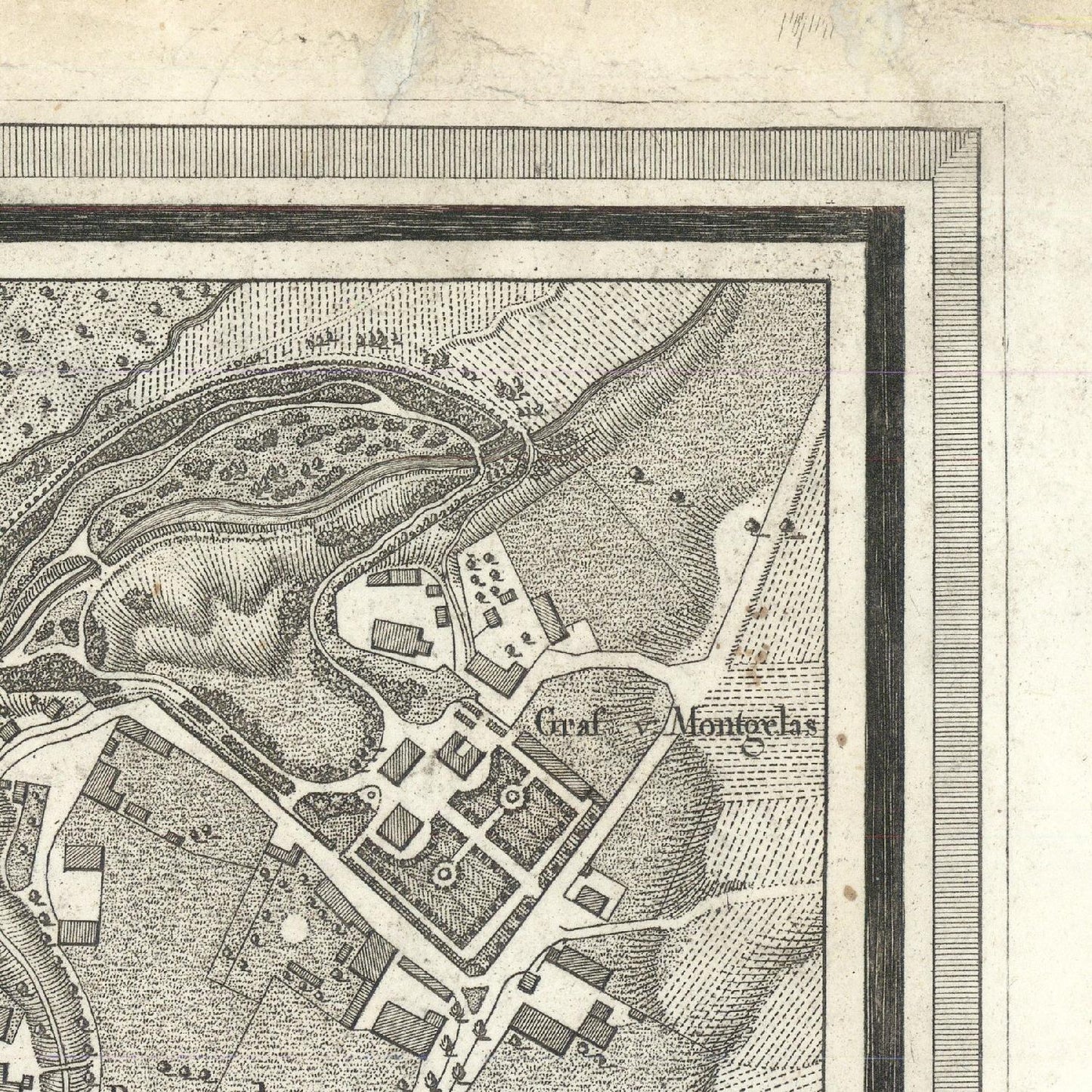 Vintage map of a layout with buildings and roads, framed by a decorative border.