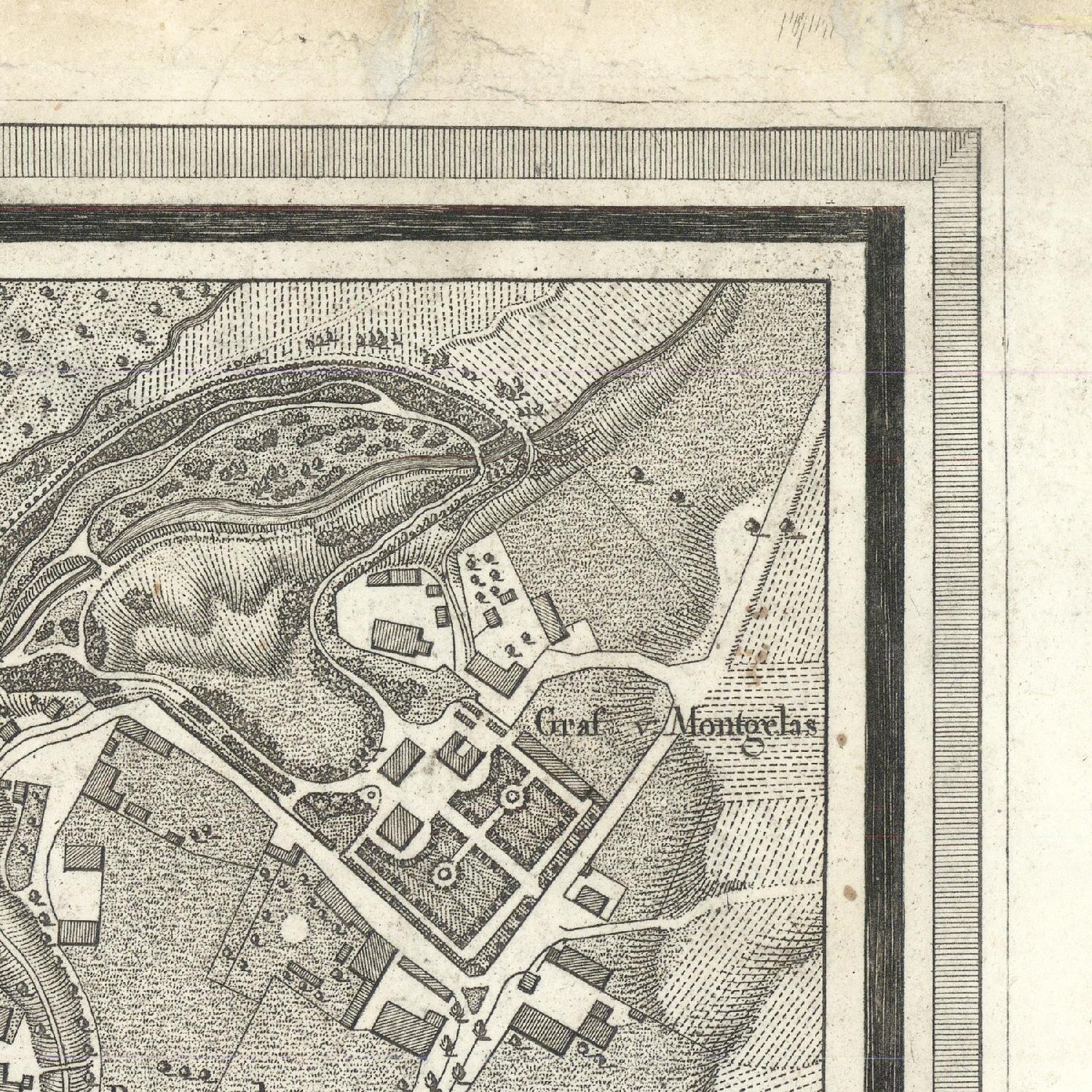 Vintage map of a layout with buildings and roads, framed by a decorative border.
