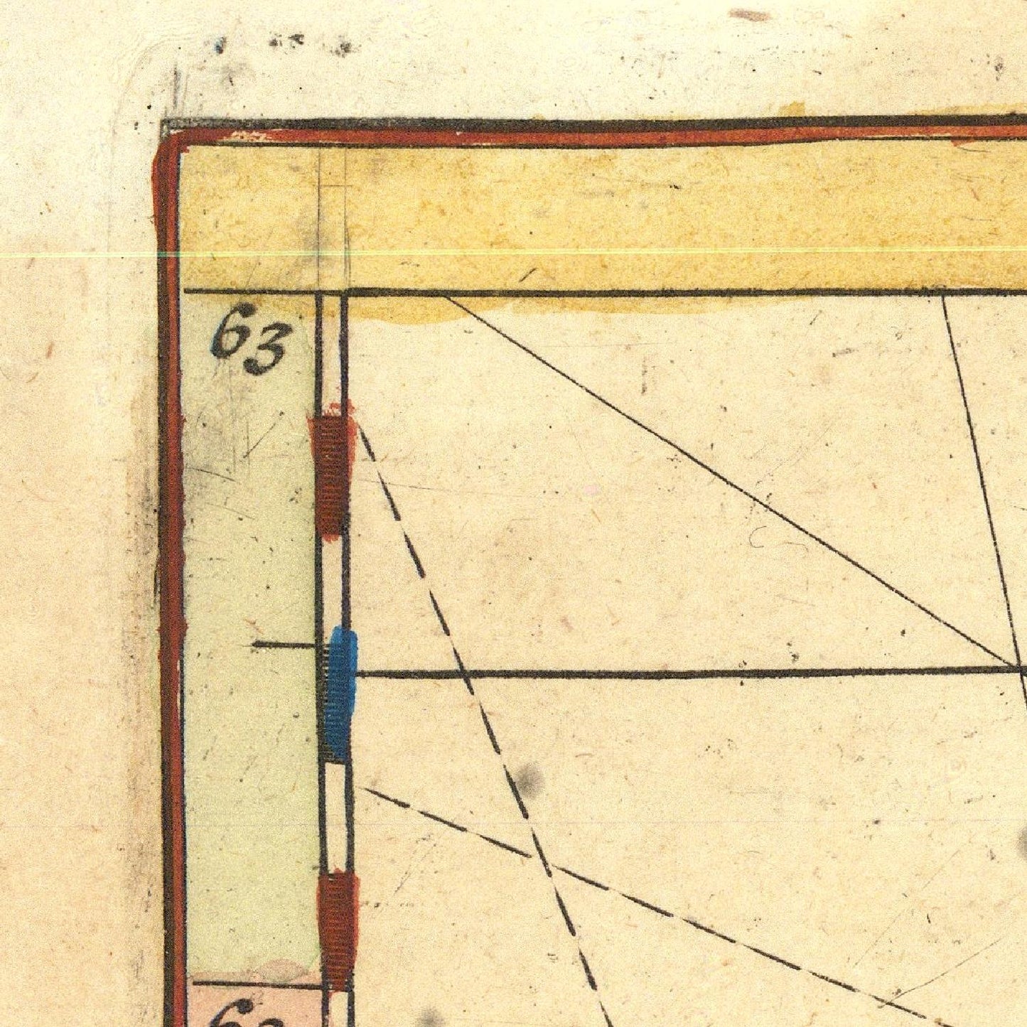 Close-up of a map with grid lines and numbers, featuring a compass rose and color-coded sections.