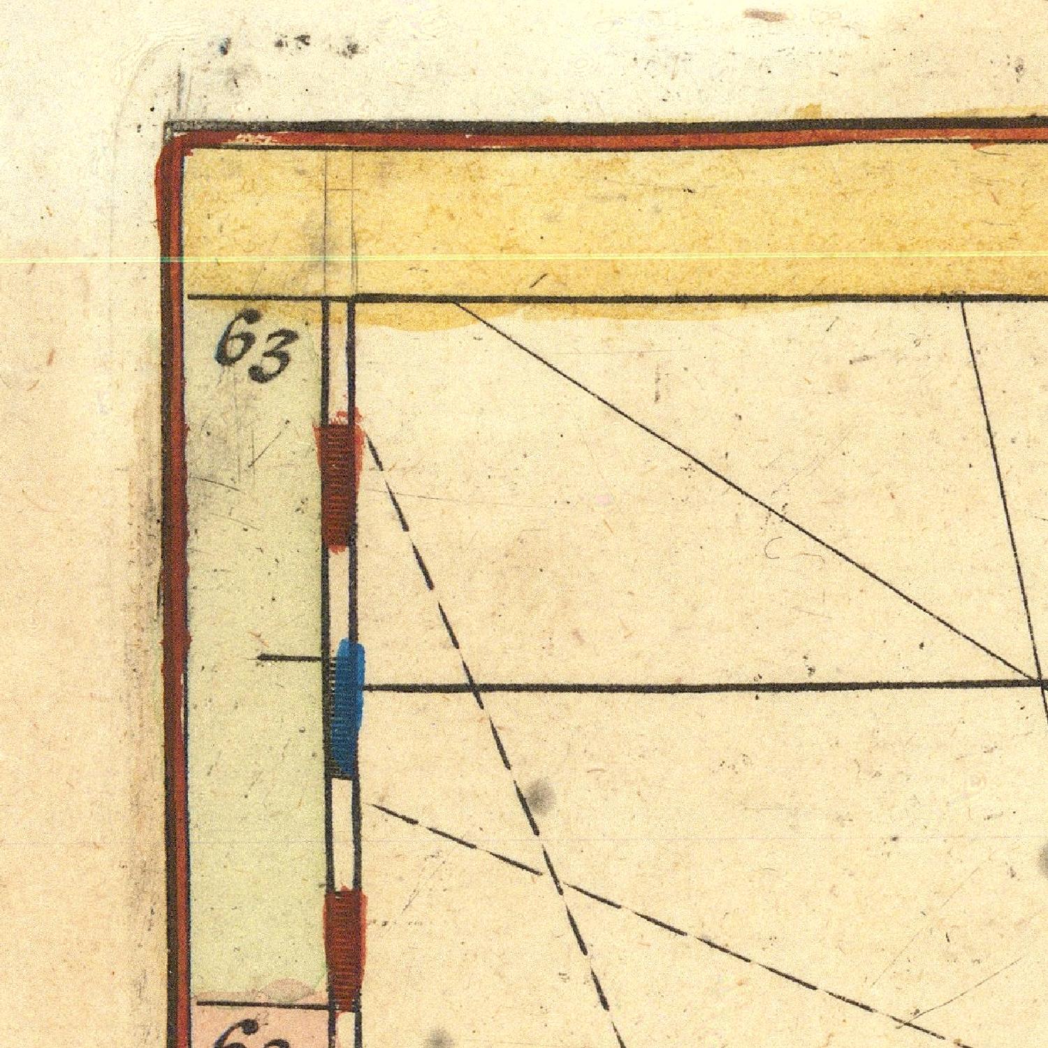 Close-up of a map with grid lines and numbers, featuring a compass rose and color-coded sections.