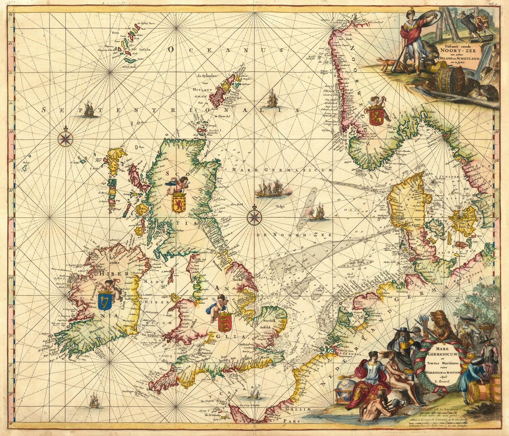 Vintage map of Iceland with decorative elements and navigational aids.