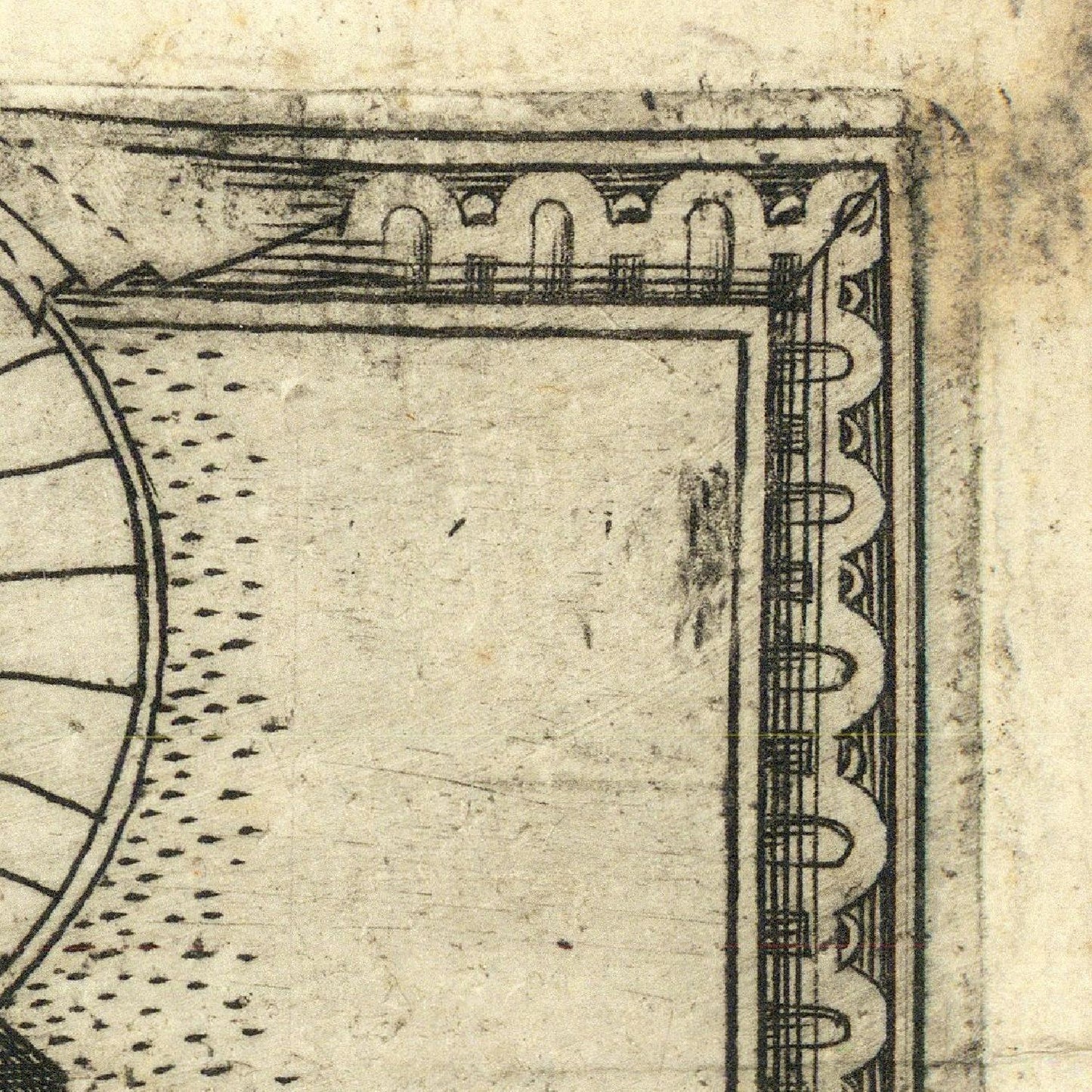 Close-up of a detailed architectural drawing with decorative elements on a textured beige background