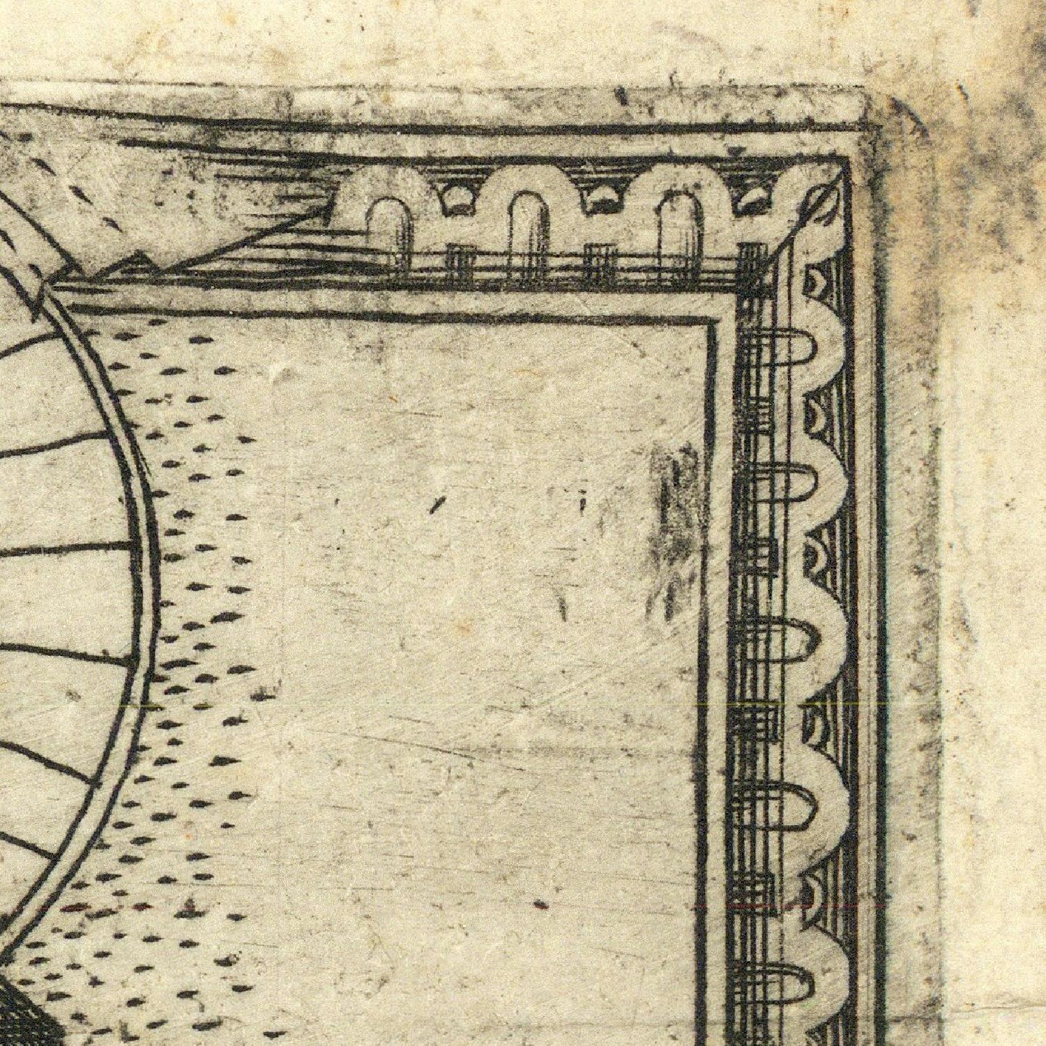 Close-up of a detailed architectural drawing with decorative elements on a textured beige background