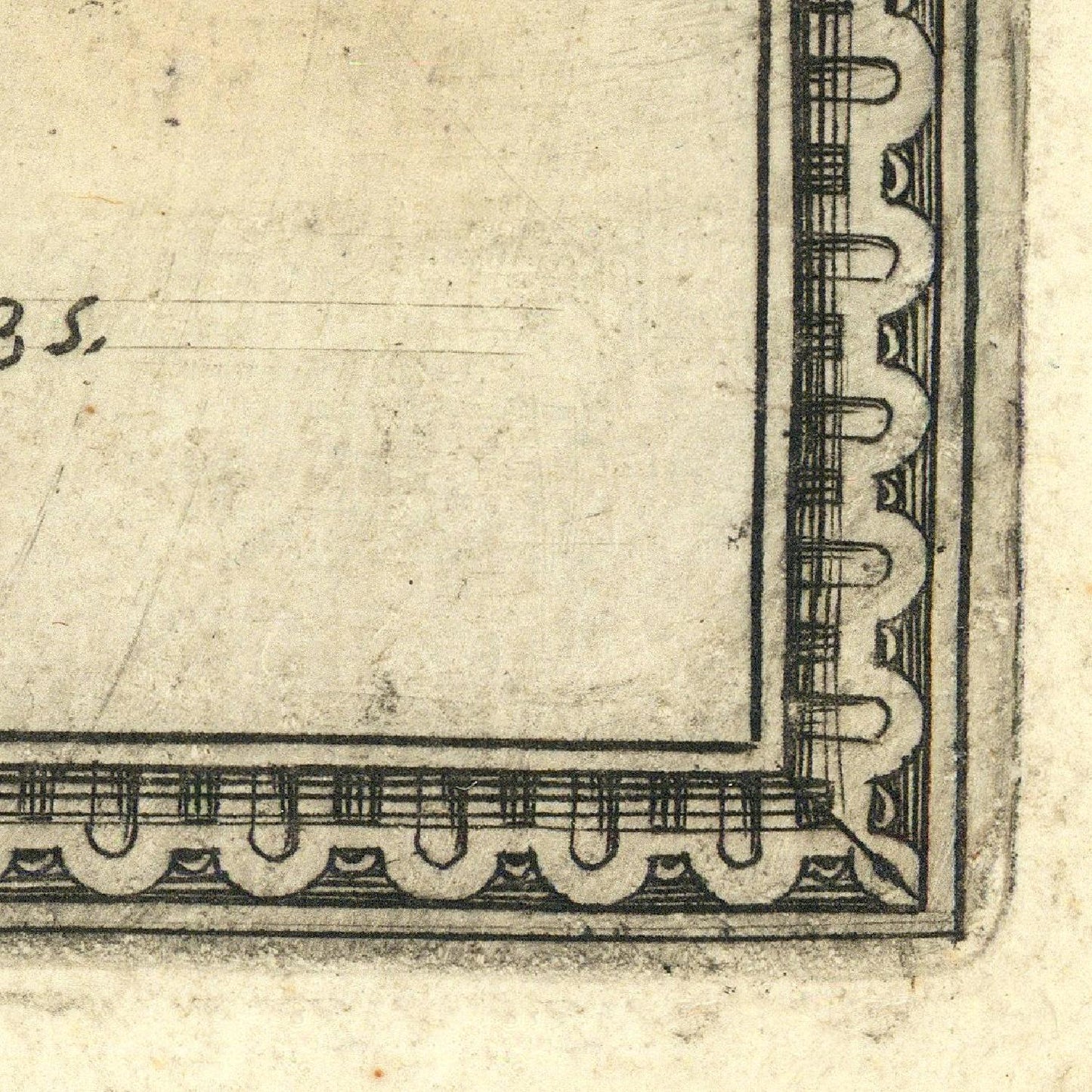 Corner of a document with decorative border and text on a beige background