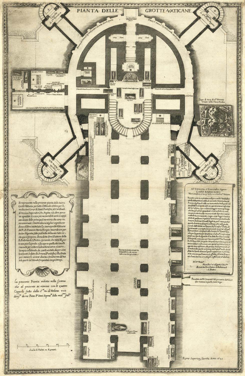 Architectural plan of the Grotte Mariane with text and decorative elements.