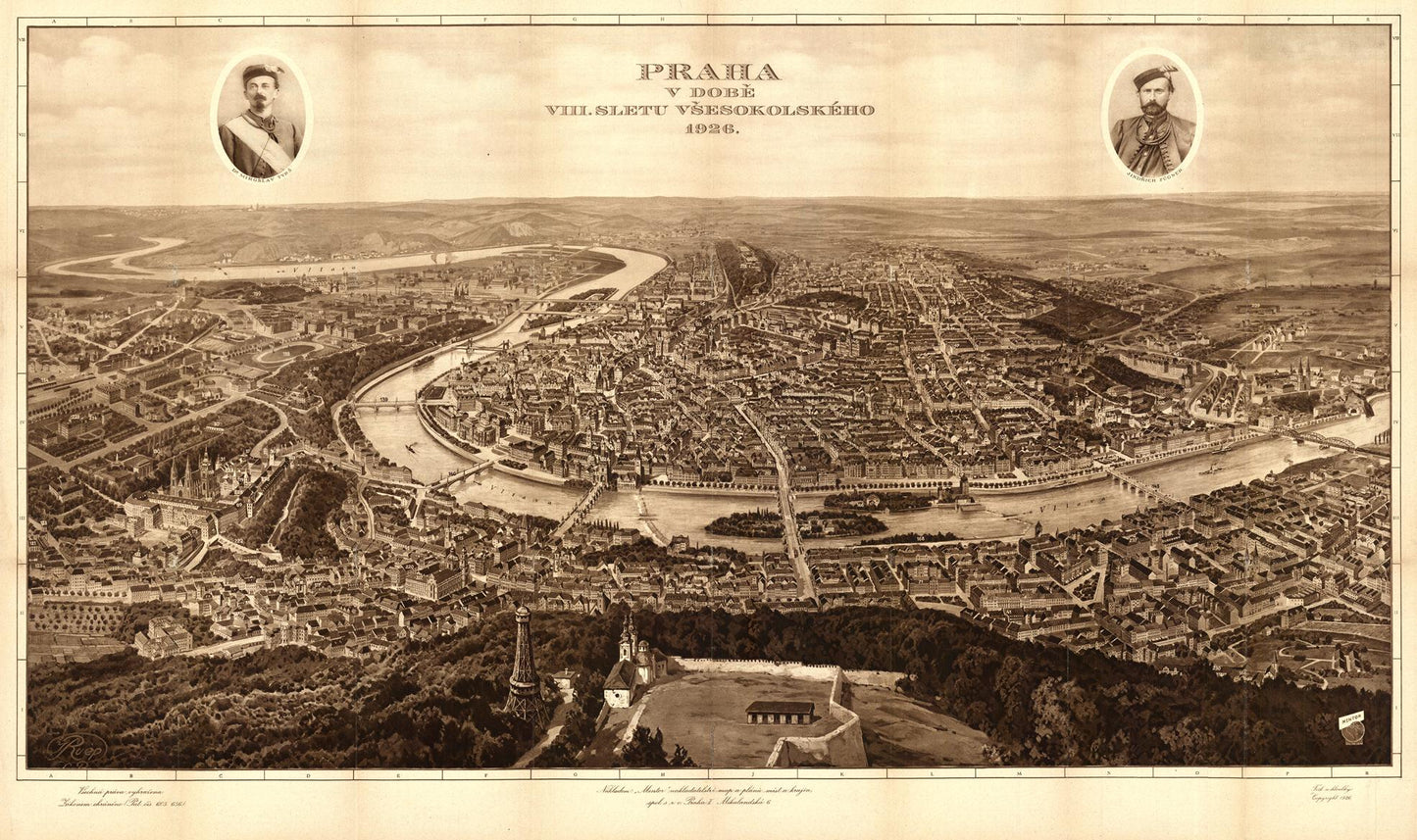 Vintage bird's eye view map of Prague with two portraits inset on the top corners.