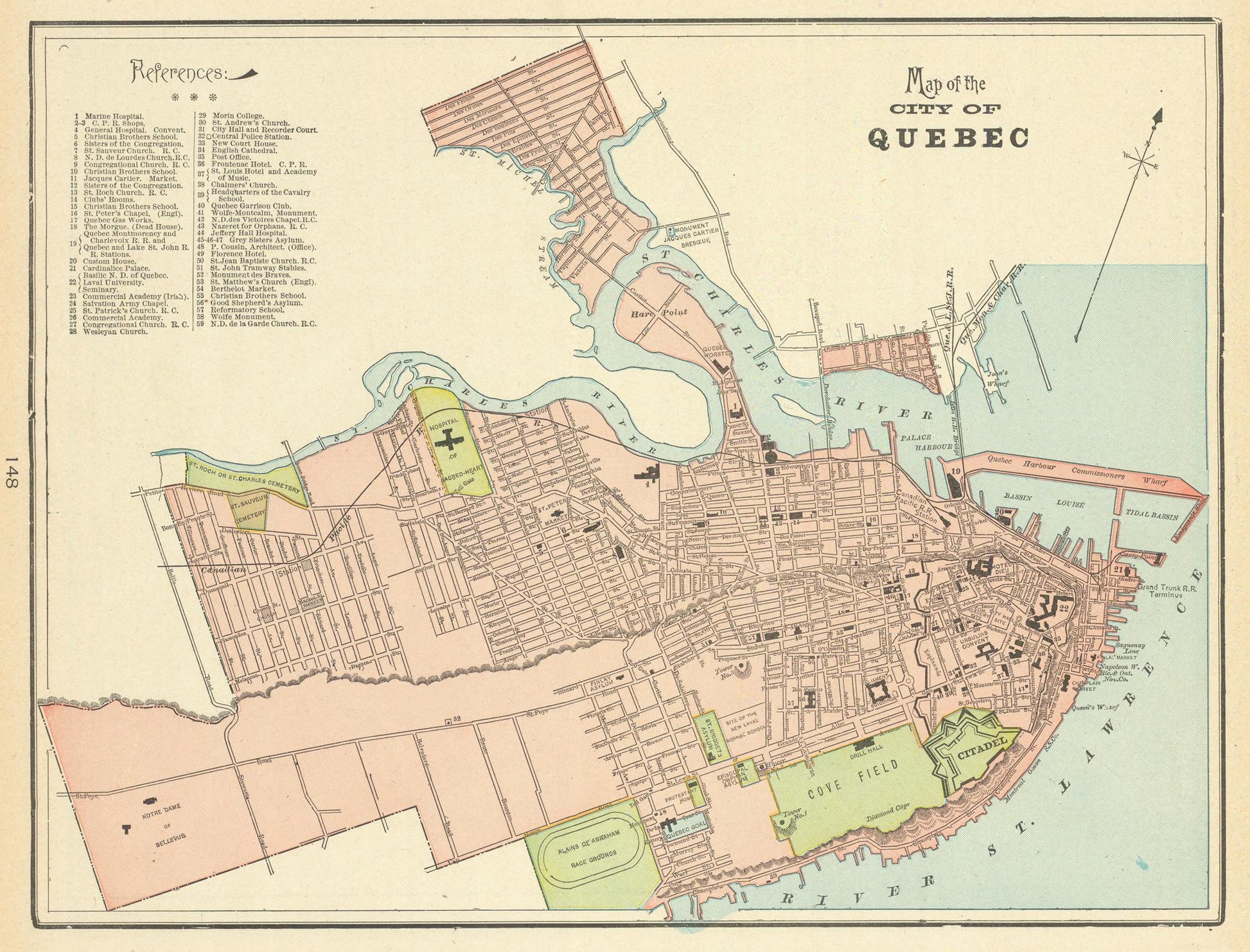 Vintage map of the City of Quebec with colorful streets and landmarks.
