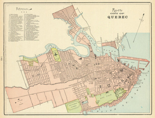 Vintage map of the City of Quebec with colorful streets and landmarks.