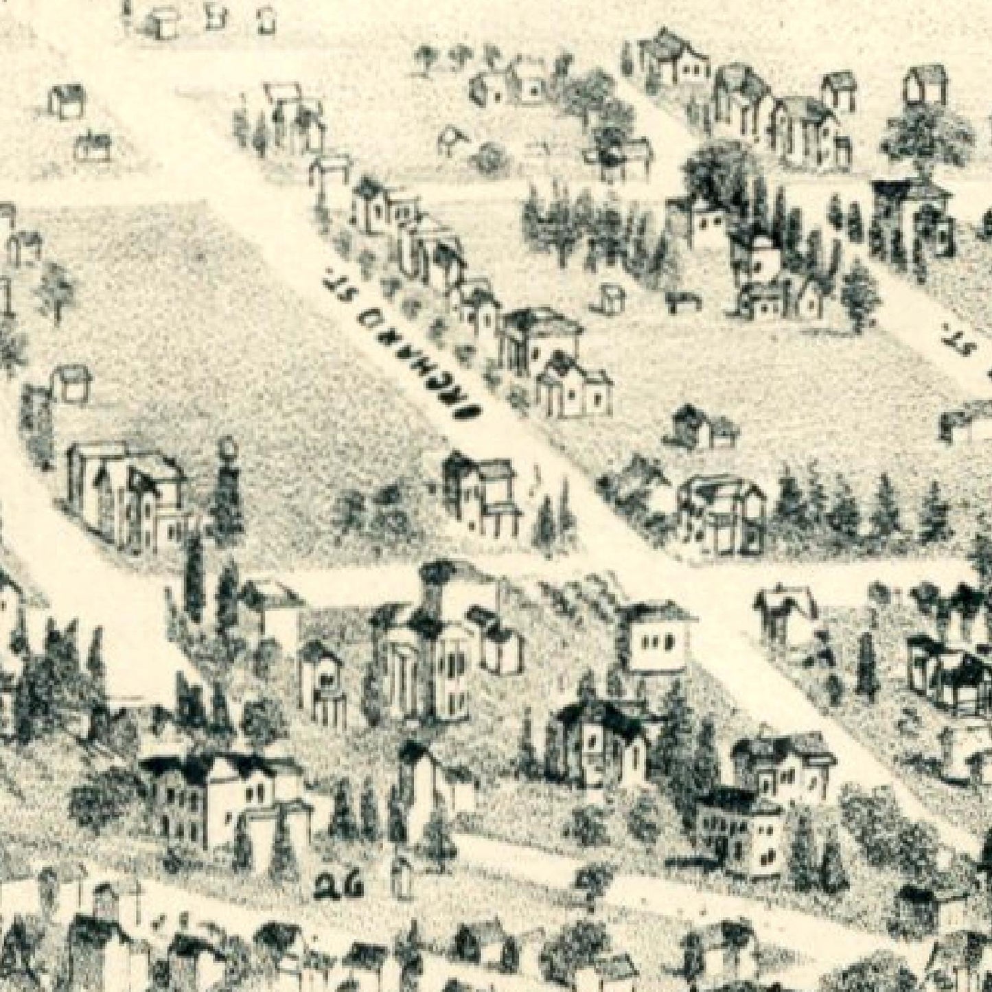 Vintage black and white map of a town with buildings and streets