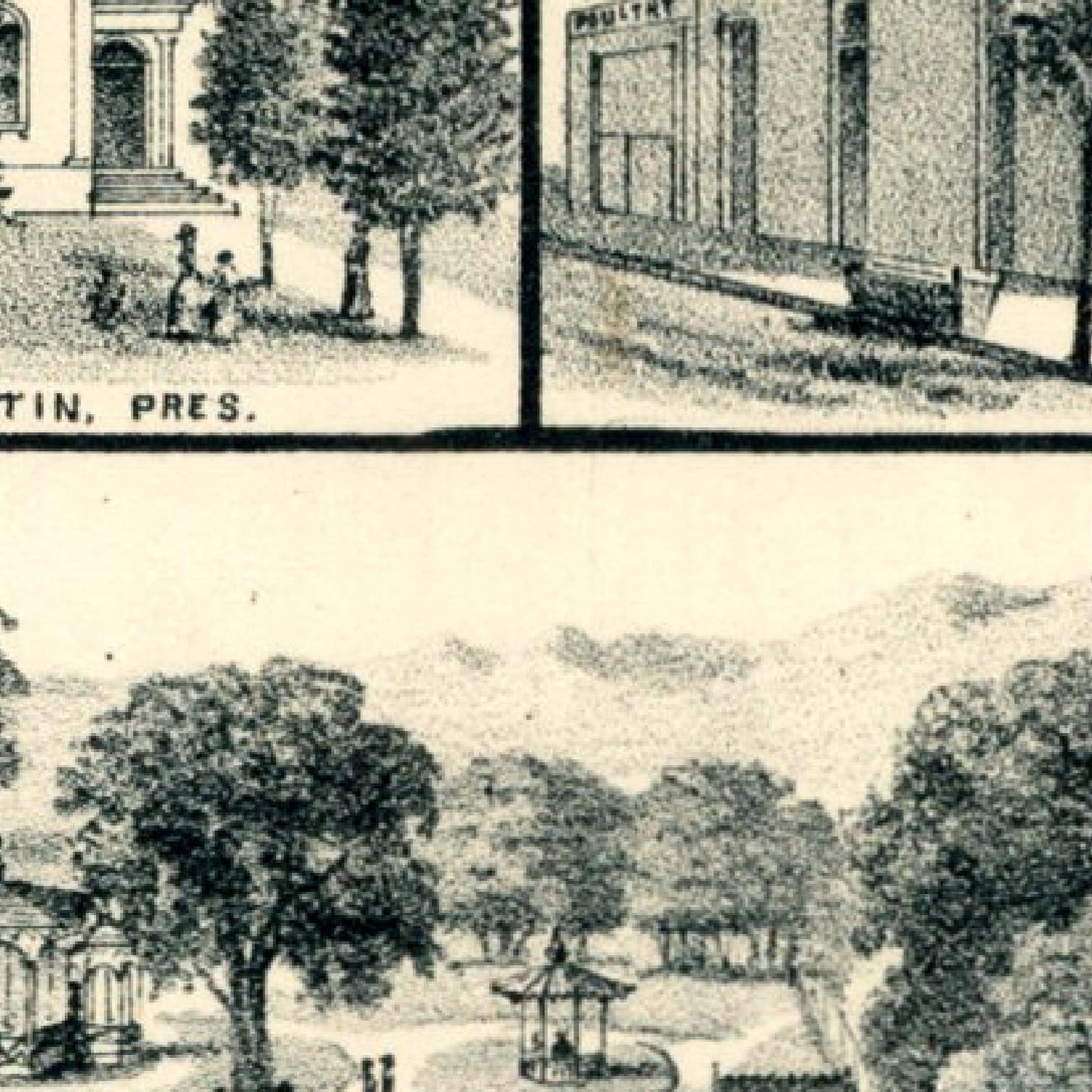 Vintage black and white illustrations of a building, people, and a park.