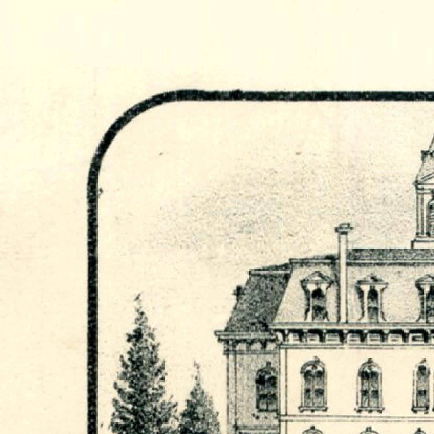 Vintage-style illustration of a building with a streetlight on a beige background