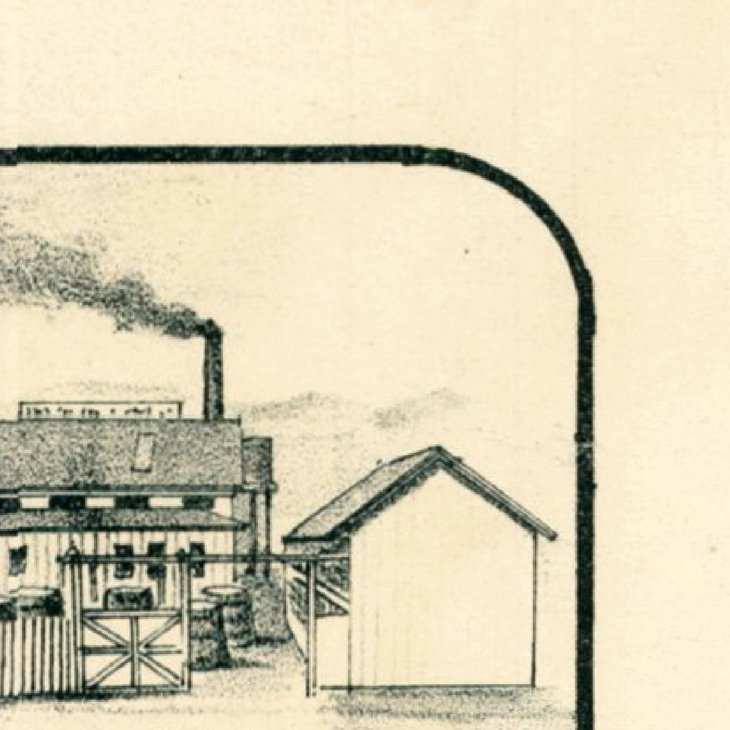 Vintage illustration of a factory or industrial building with smokestack and surrounding structures.