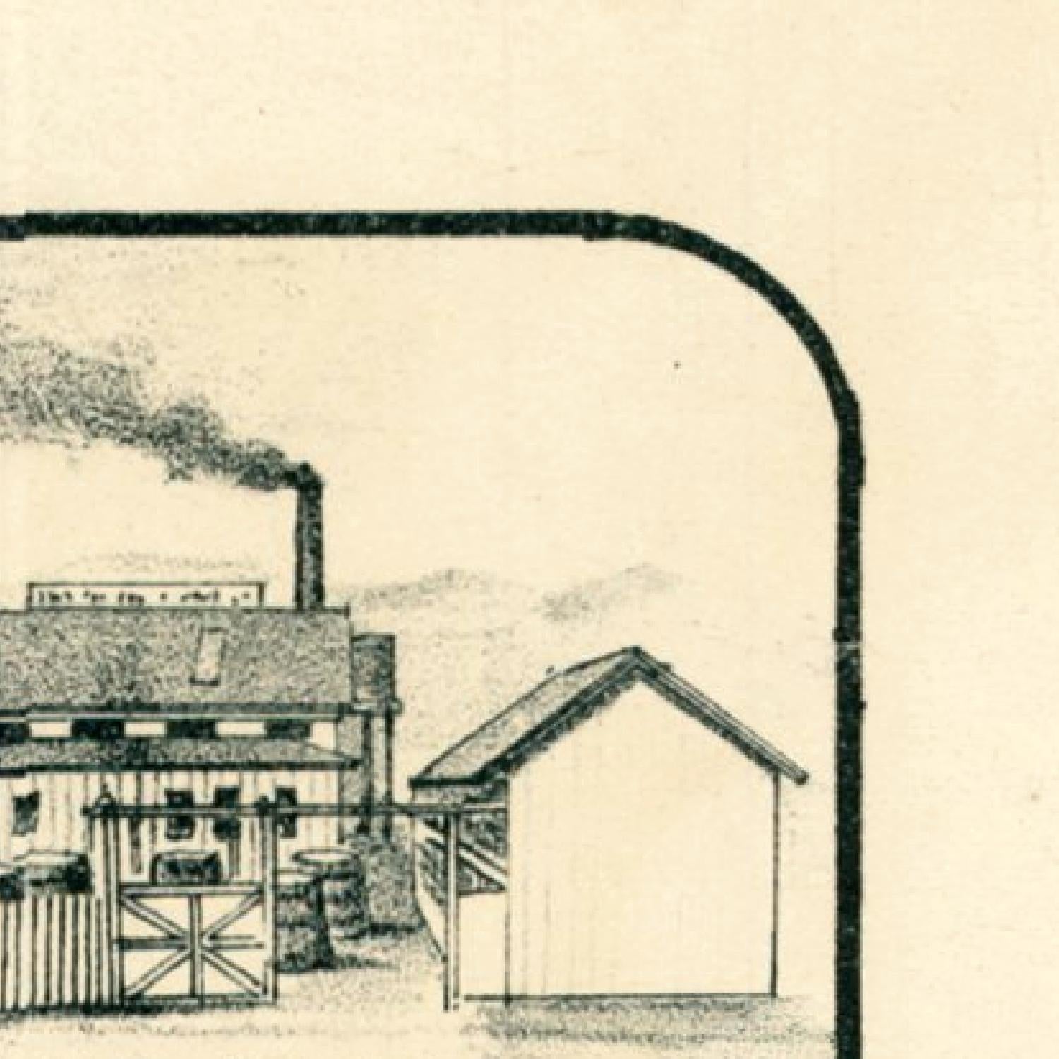 Vintage illustration of a factory or industrial building with smokestack and surrounding structures.
