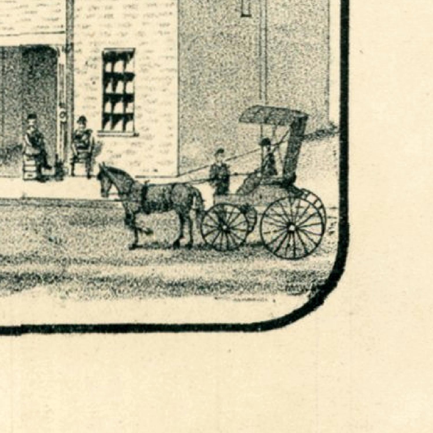 Vintage illustration of a horse-drawn carriage in front of a building with people around.