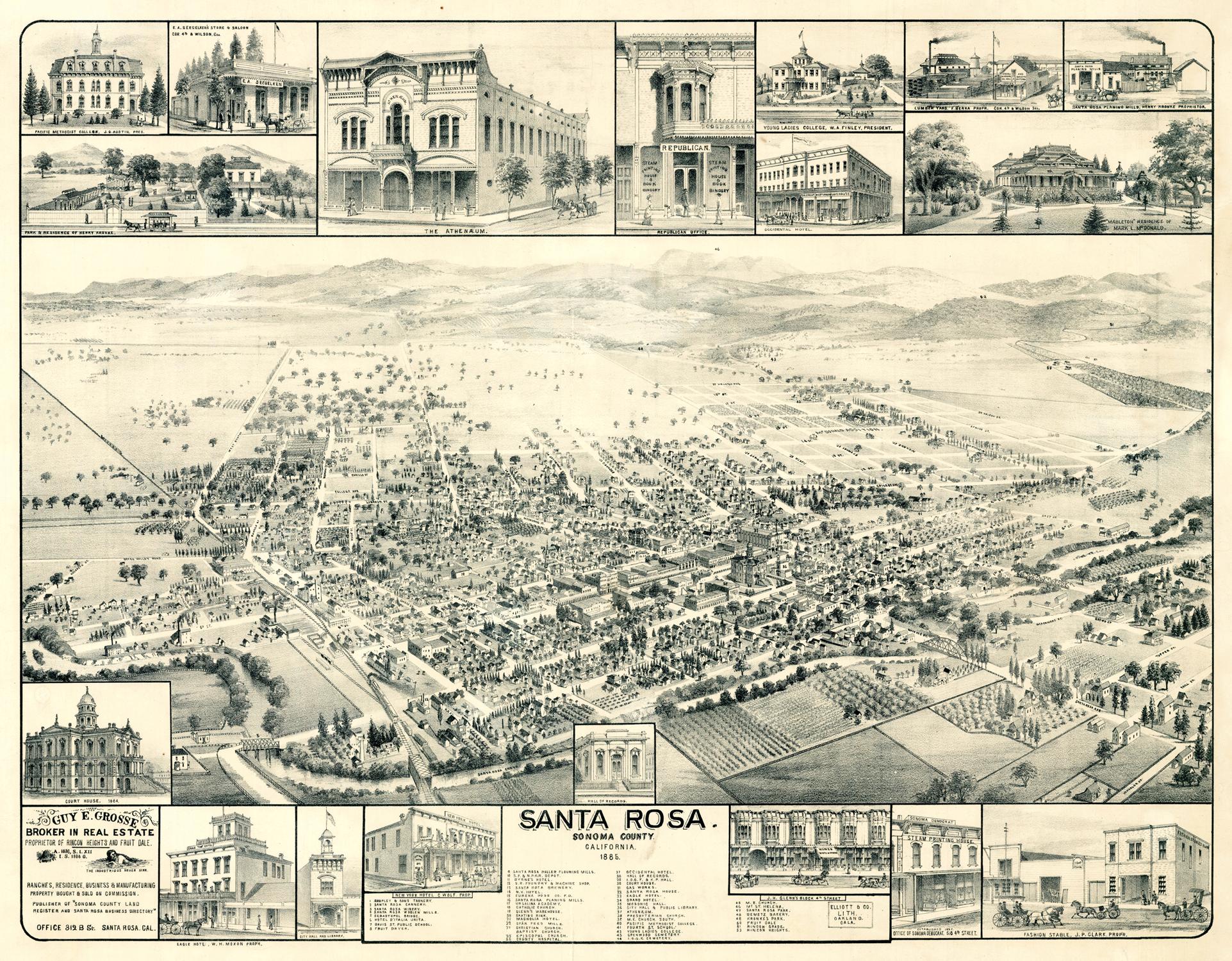 Vintage panoramic map of Santa Rosa with various buildings and scenes.