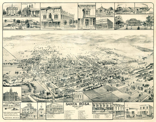 Vintage panoramic map of Santa Rosa with various buildings and scenes.