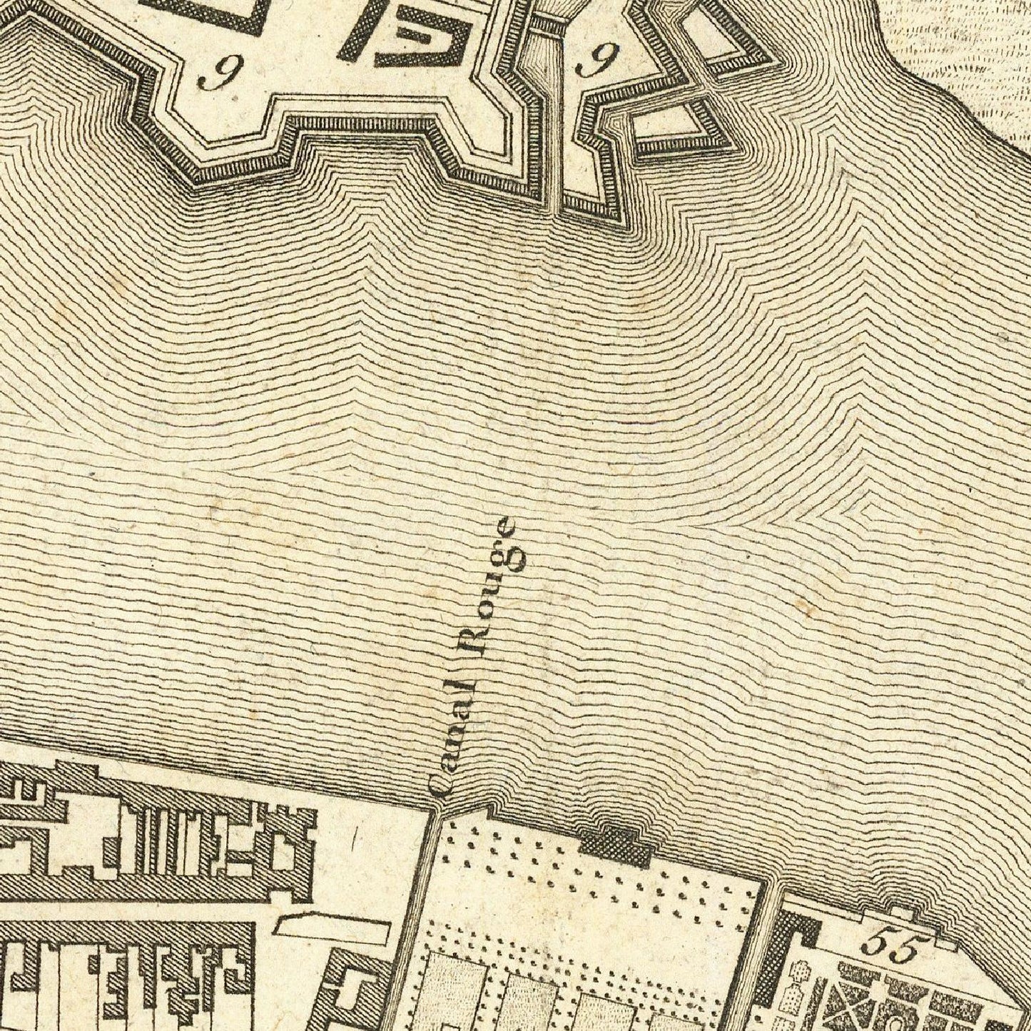 Vintage map detail showing a canal labeled 'Canal Rouge' with topographic lines.