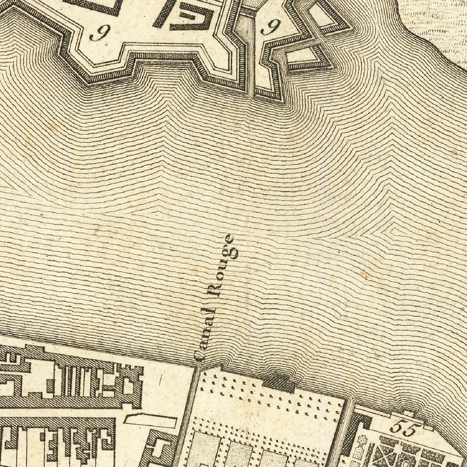 Vintage map detail showing a canal labeled 'Canal Rouge' with topographic lines.