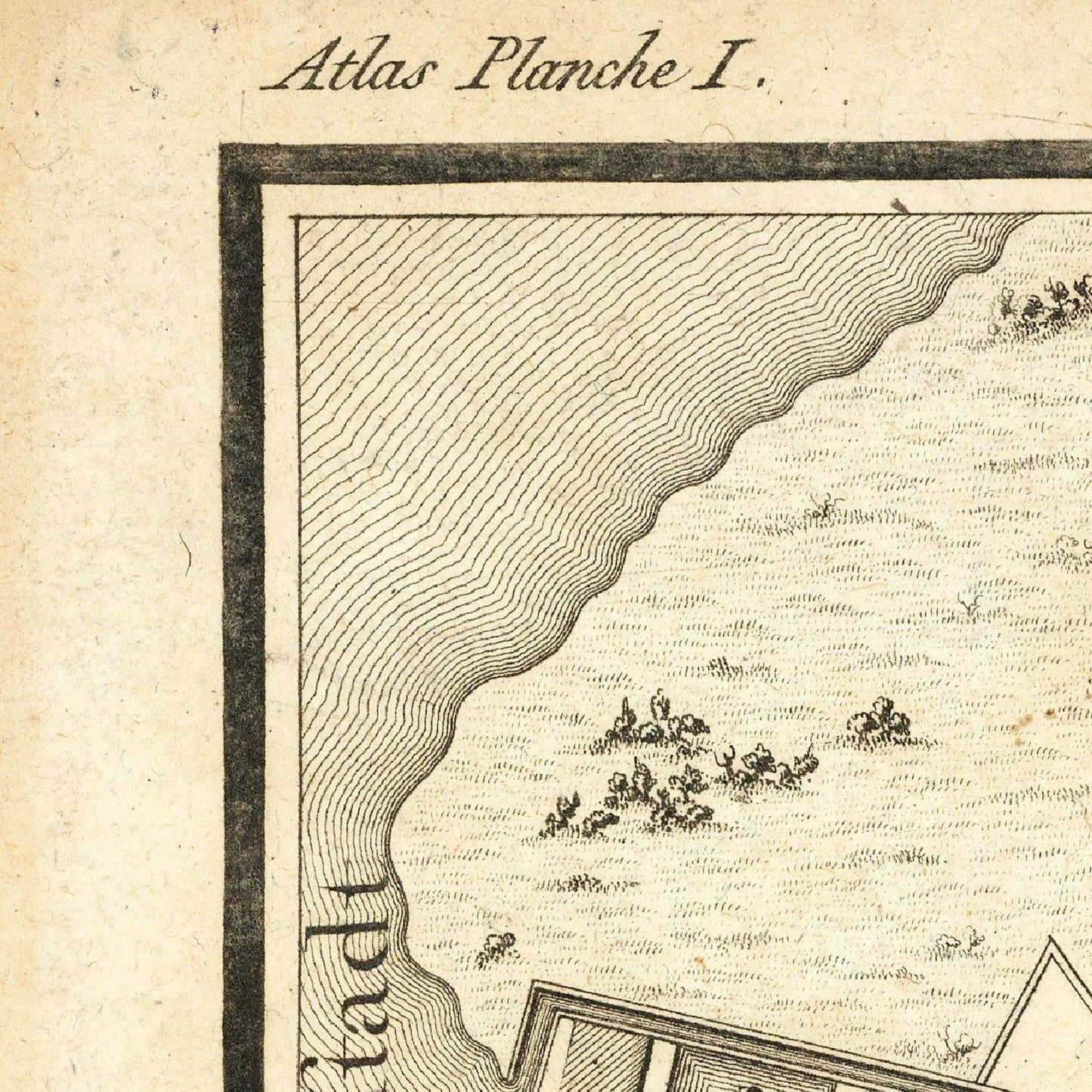 Vintage map with text 'Atlas Planche I.' and a small illustration of people on horseback.