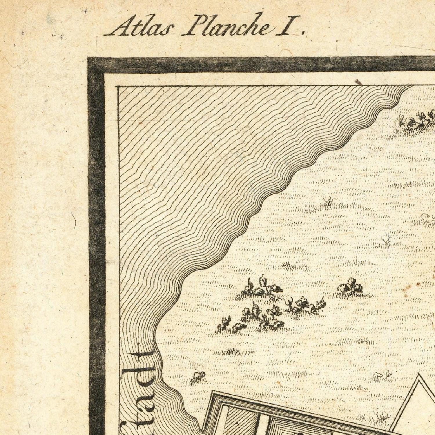 Vintage map with text 'Atlas Planche I.' and a small illustration of people on horseback.