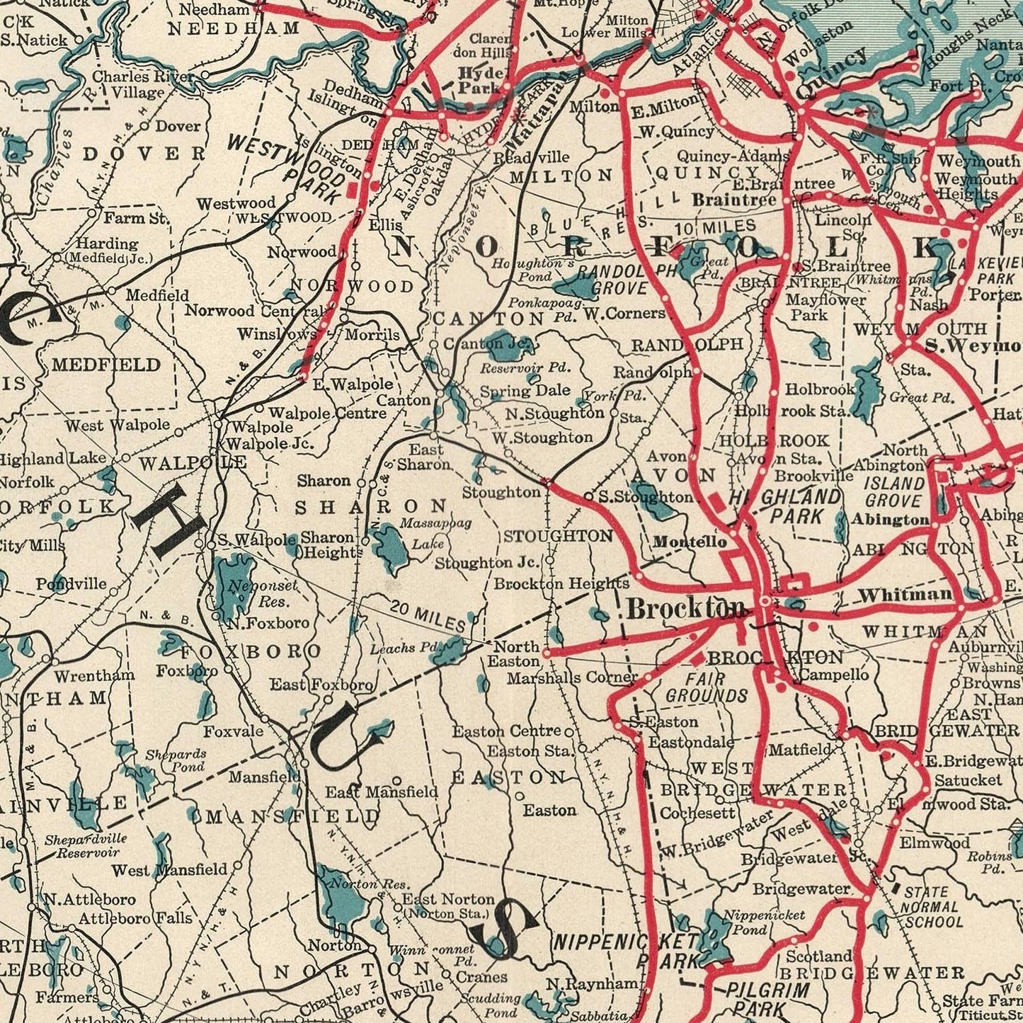 Vintage map of Massachusetts with red lines indicating routes or roads.