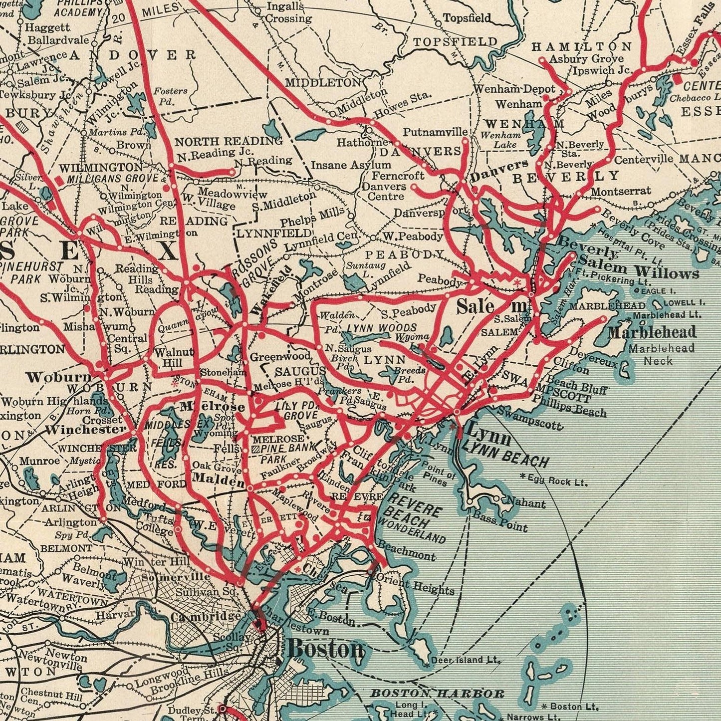 Vintage map of Boston area with red lines indicating routes or roads.