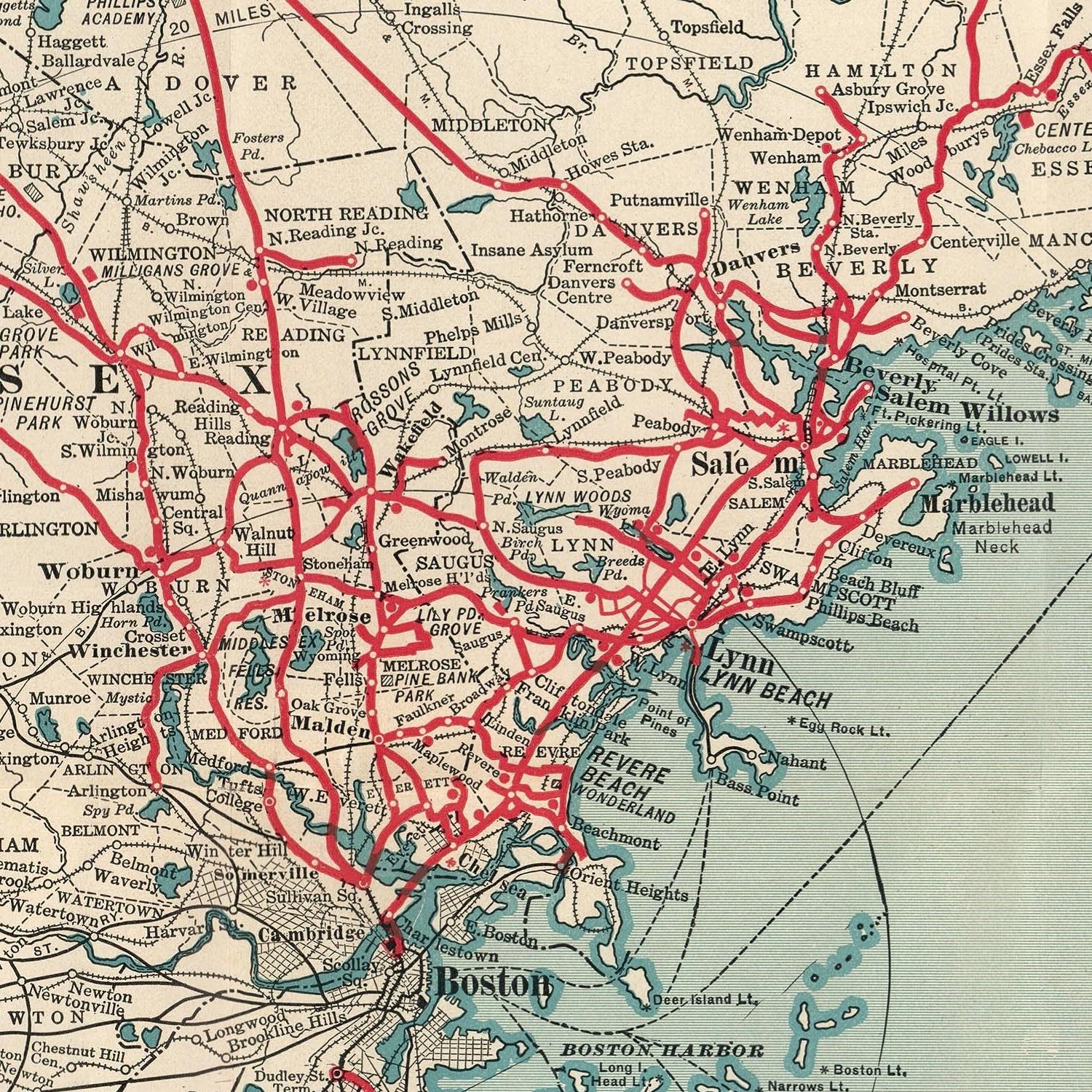 Vintage map of Boston area with red lines indicating routes or roads.