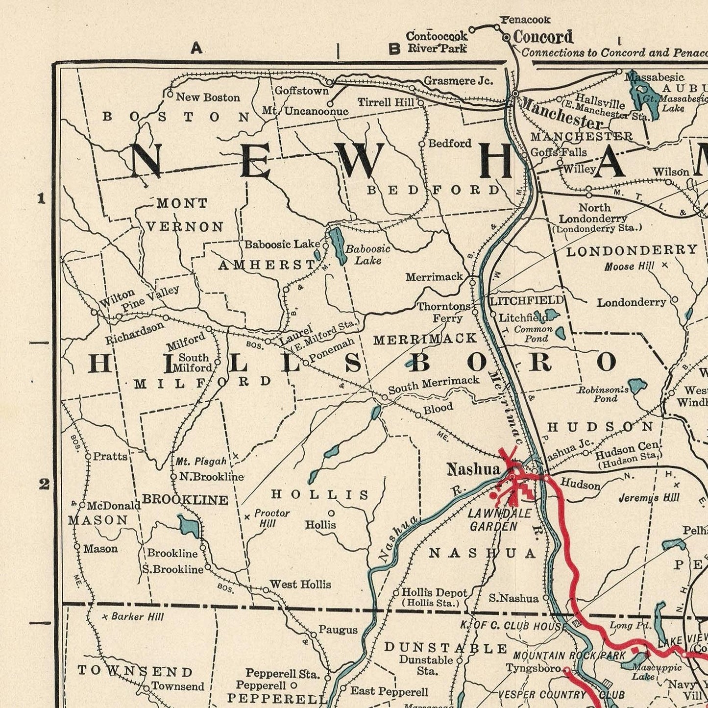 Vintage map of New Hampshire with labeled towns and roads.