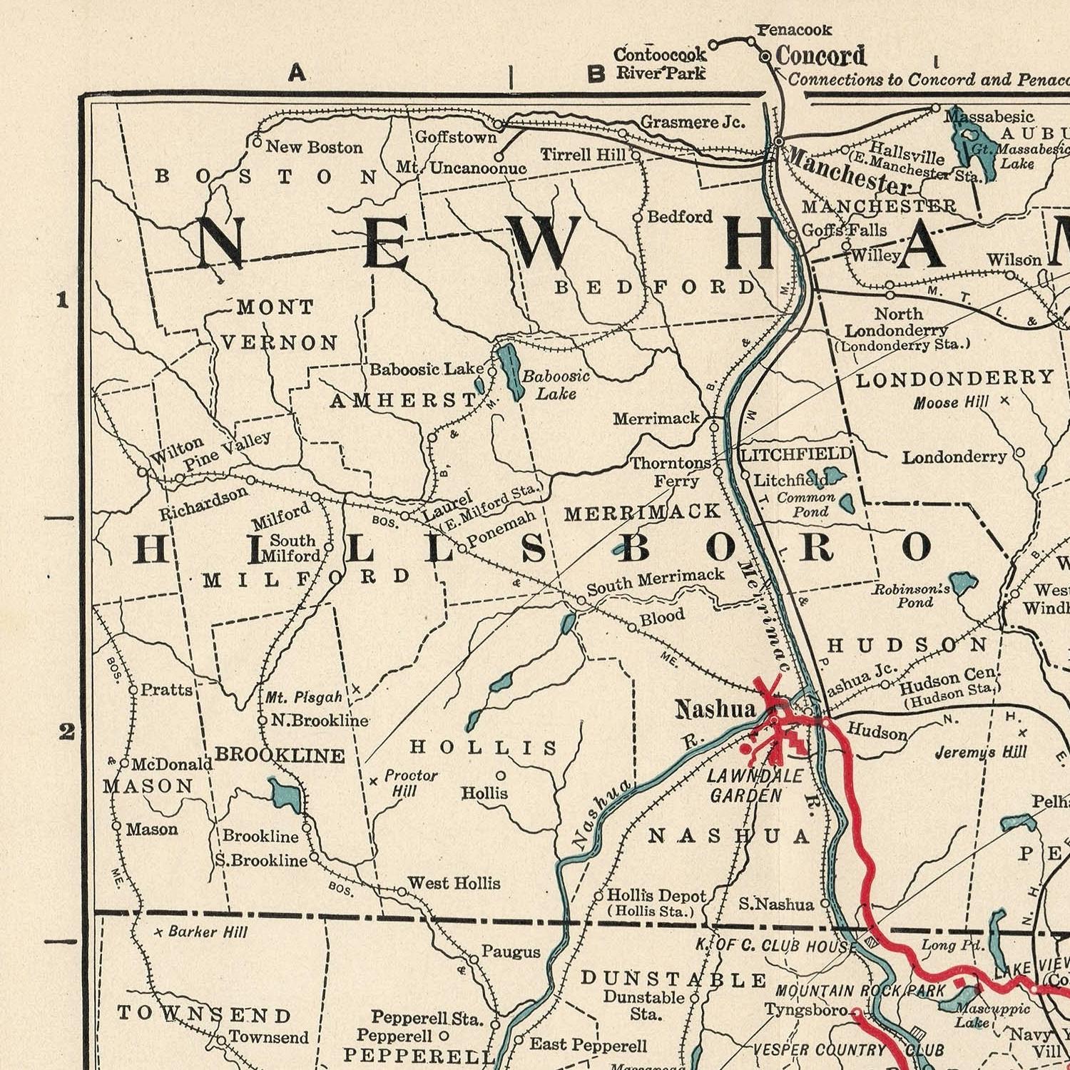 Vintage map of New Hampshire with labeled towns and roads.