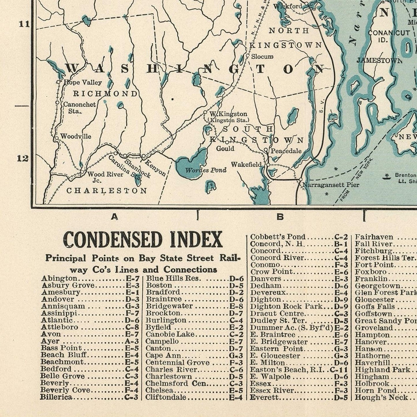 Vintage map with a condensed index of principal points and rail lines.