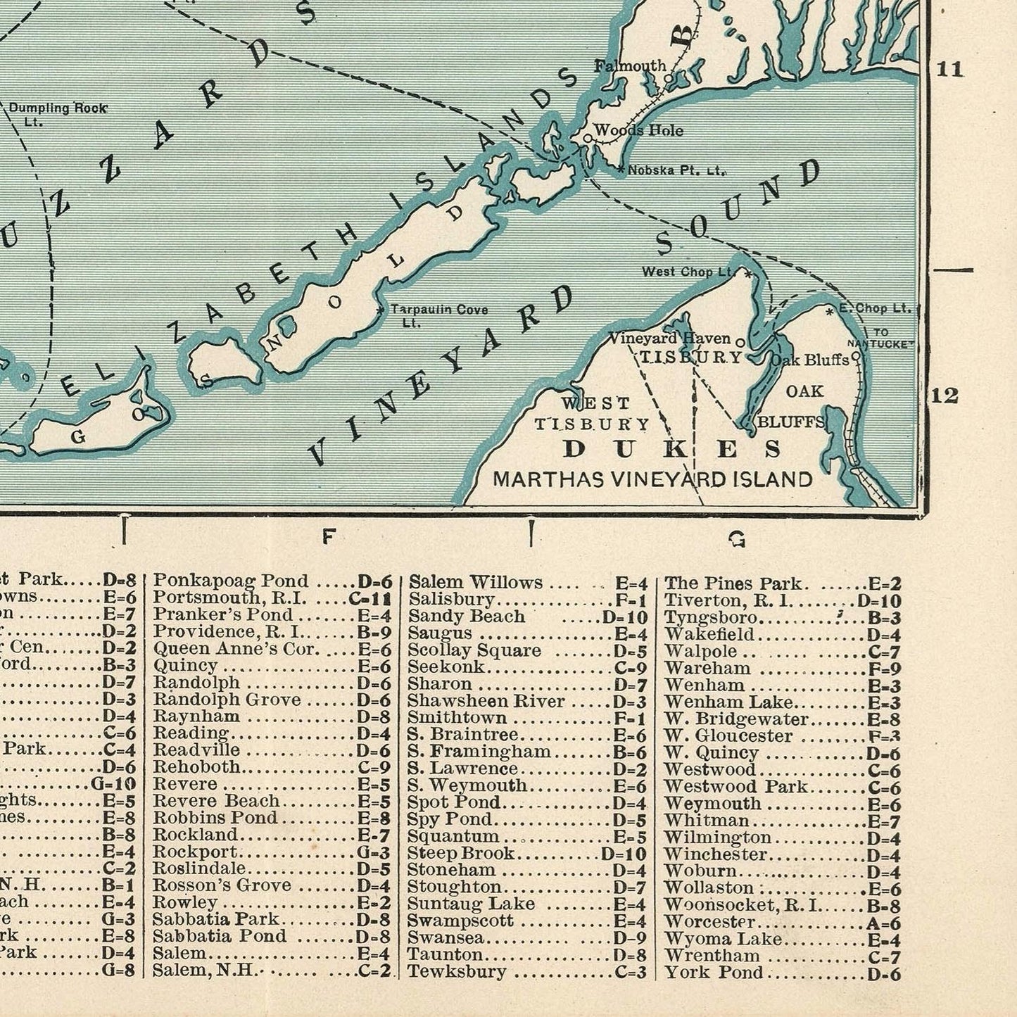Map of Martha's Vineyard Island with coastal towns labeled