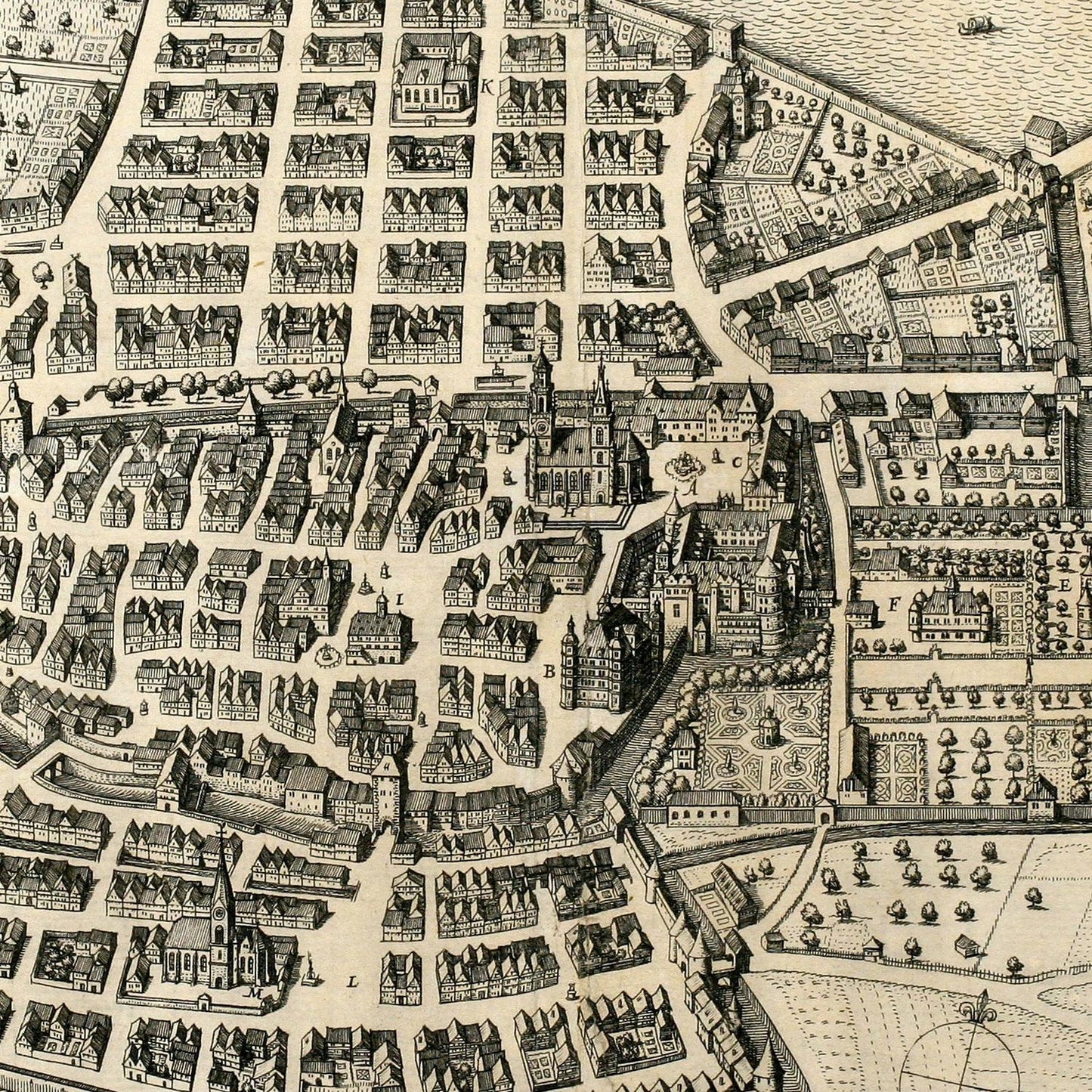 Vintage black and white map of a city layout with buildings and streets.