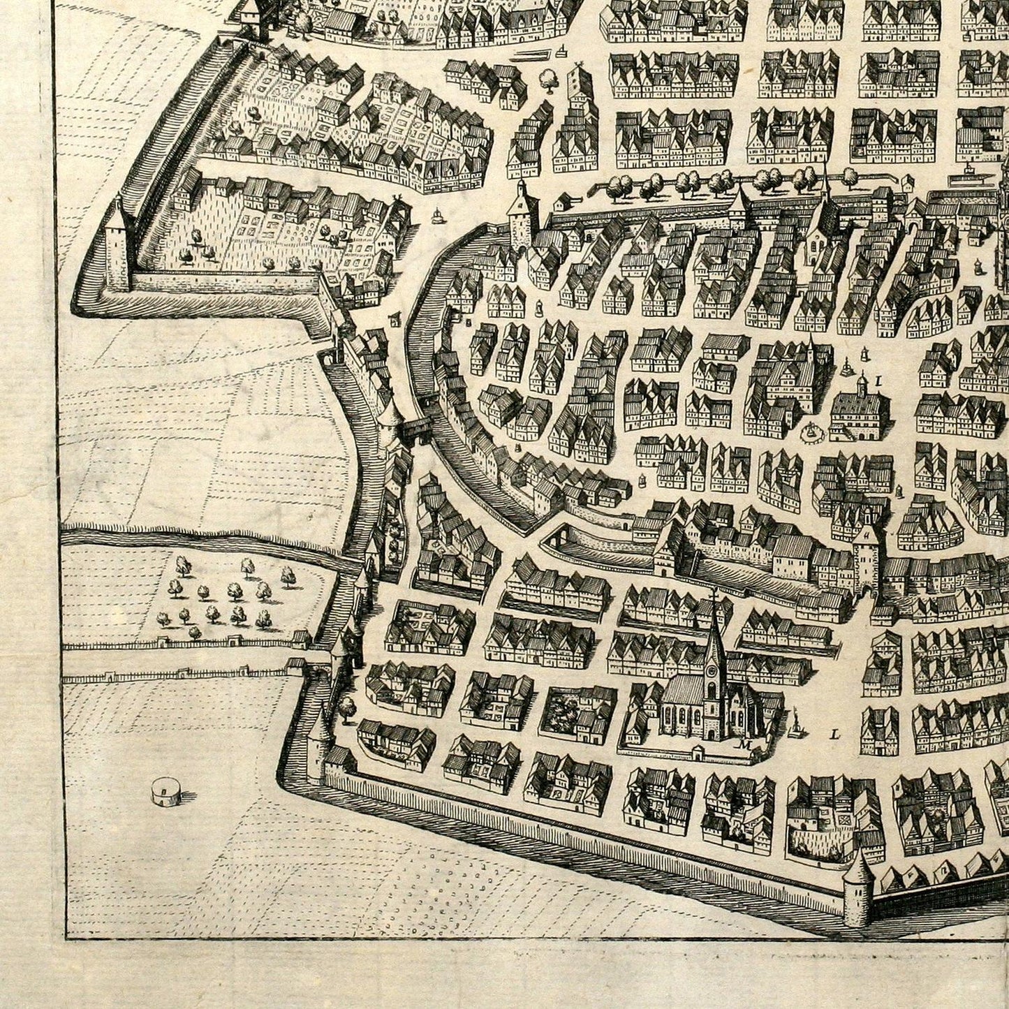 Vintage black and white map of a town layout with buildings and streets.