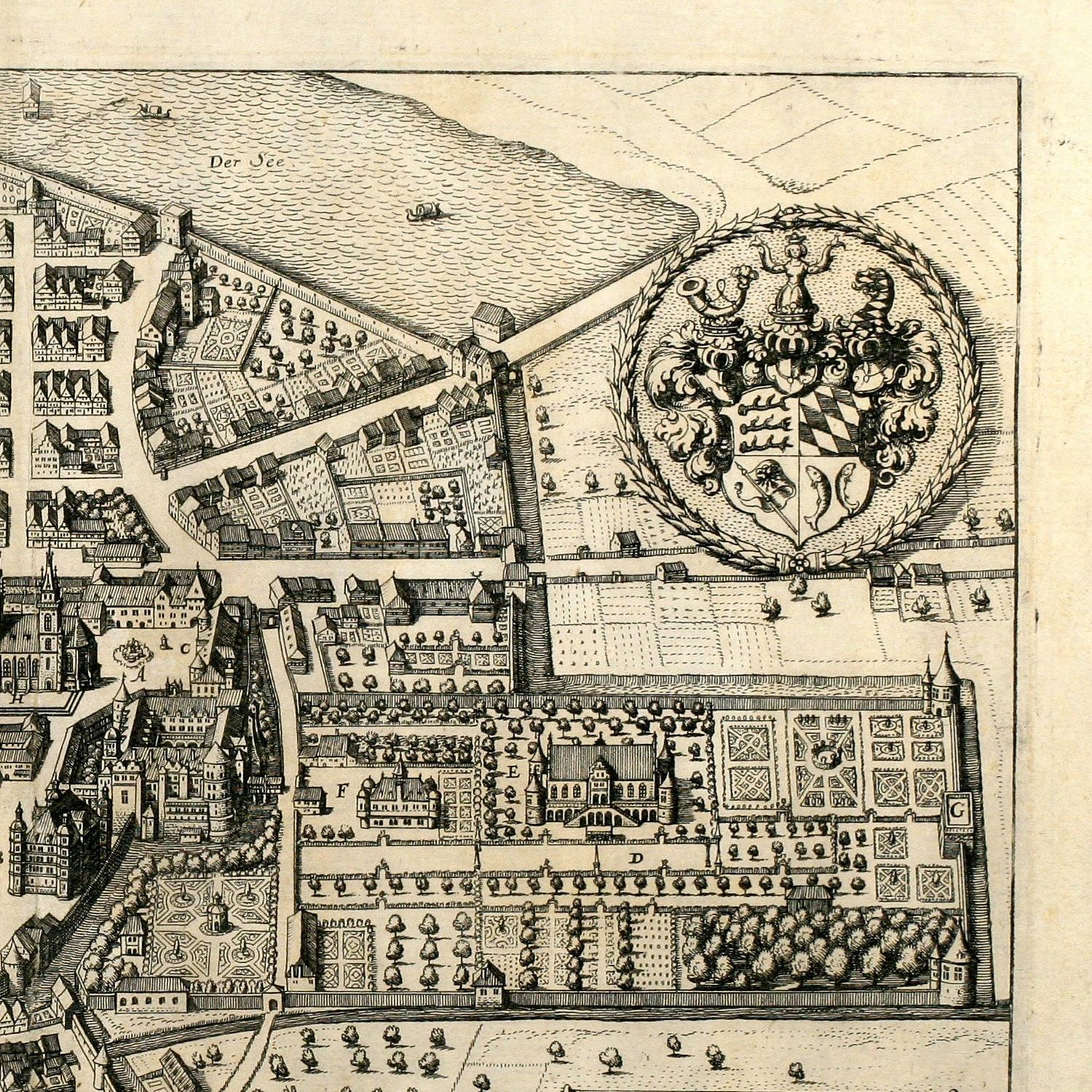 Vintage map of a city layout with a prominent coat of arms in the center.