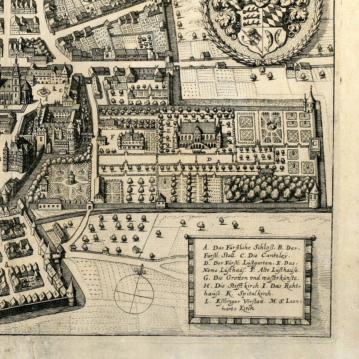 Vintage map or engraving of a historical estate with buildings and gardens.