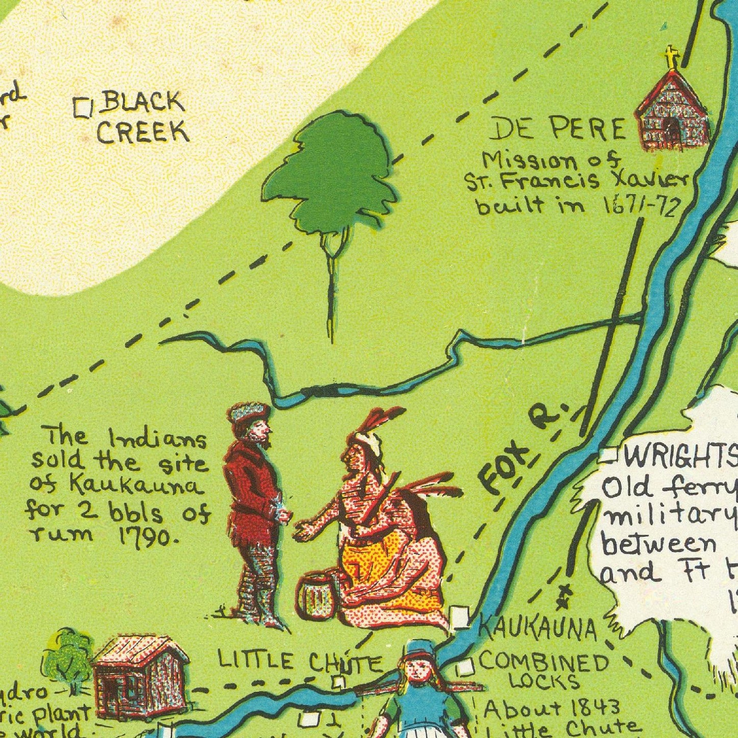 Cartoon-style map with illustrations of Native Americans and Europeans, labeled 'Black Creek' and 'Fox River'.