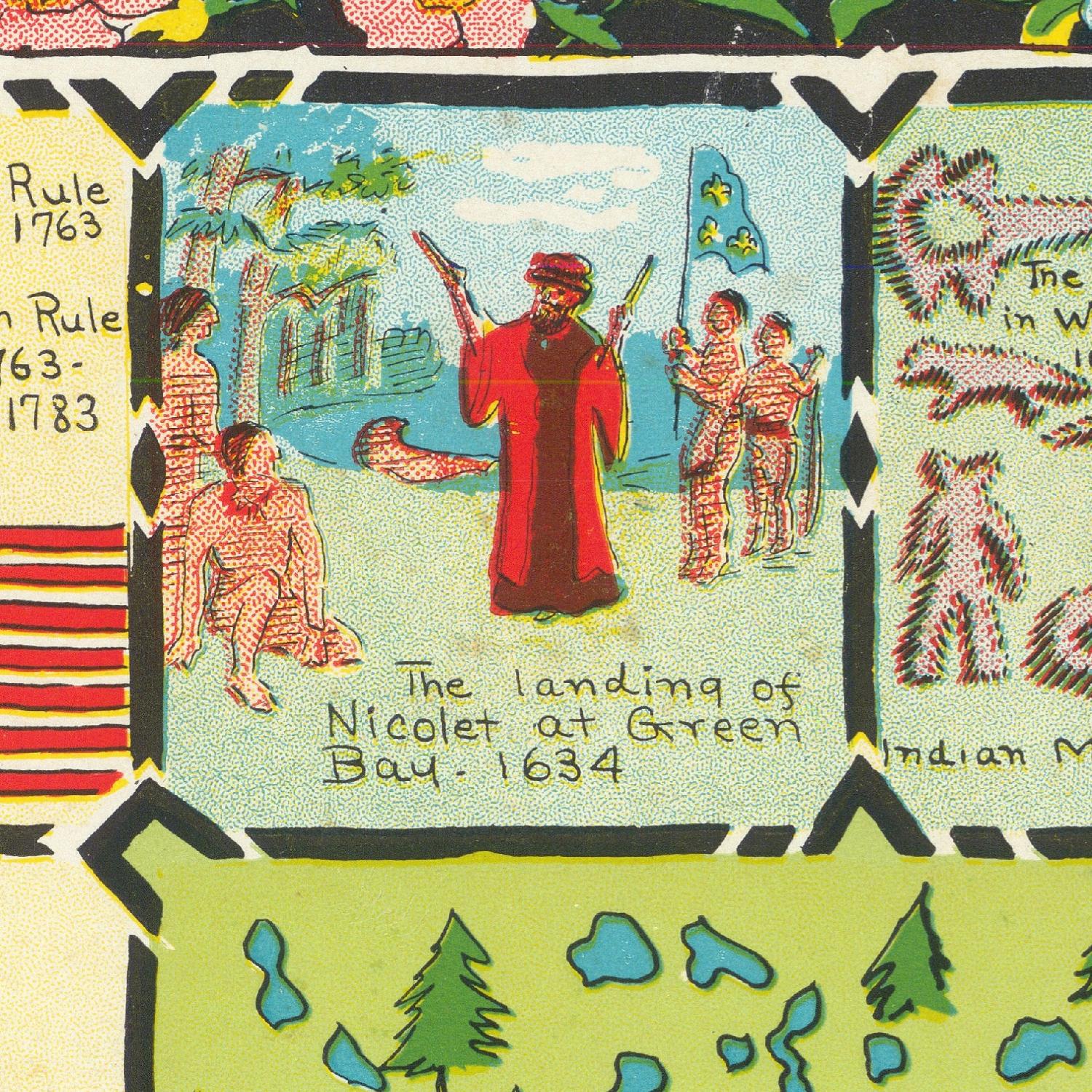 Illustration of the landing of Nicolet at Green Bay in 1634, surrounded by decorative elements.